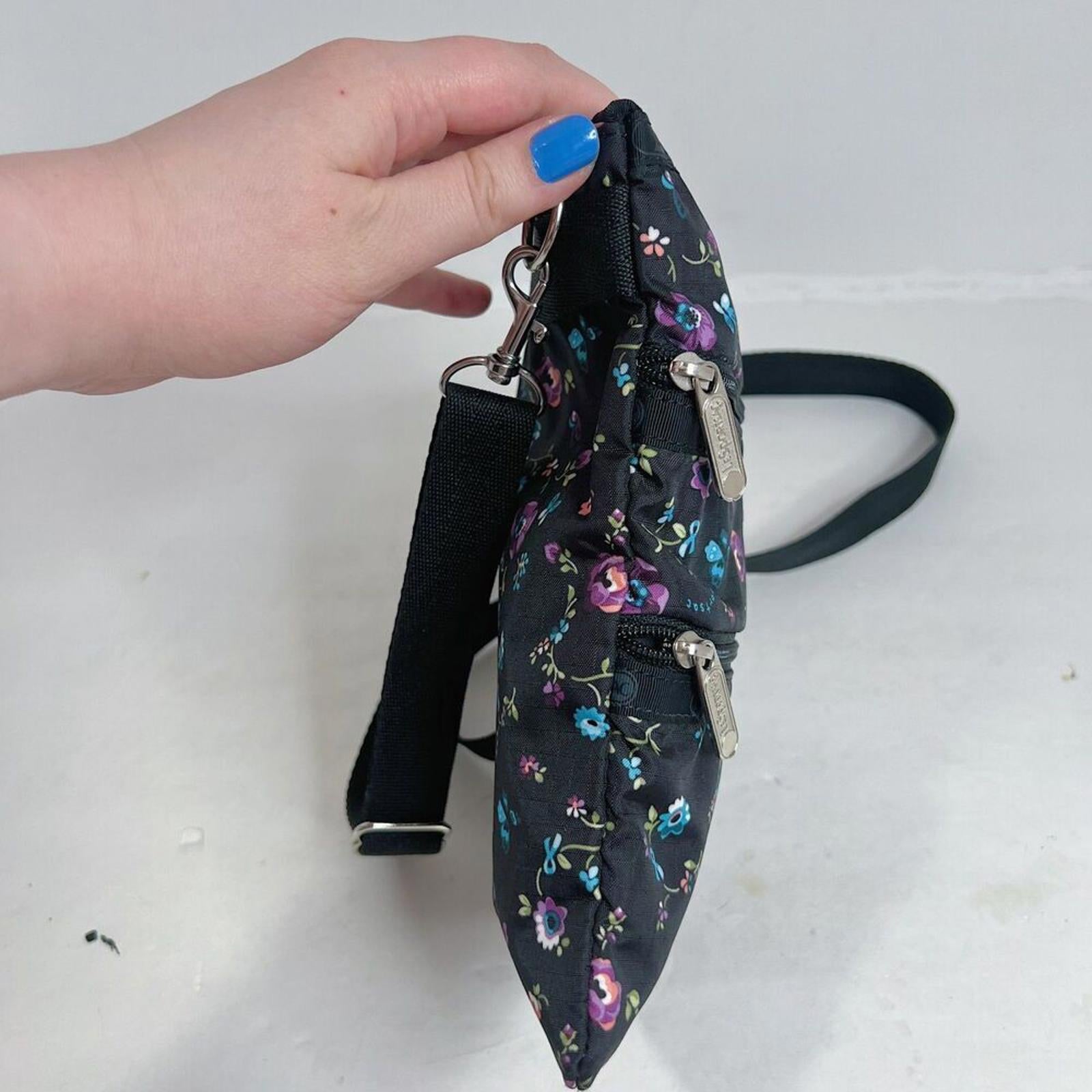LeSportSac Black Purple and Blue Flowers Nylon Crossbody Bag Purse