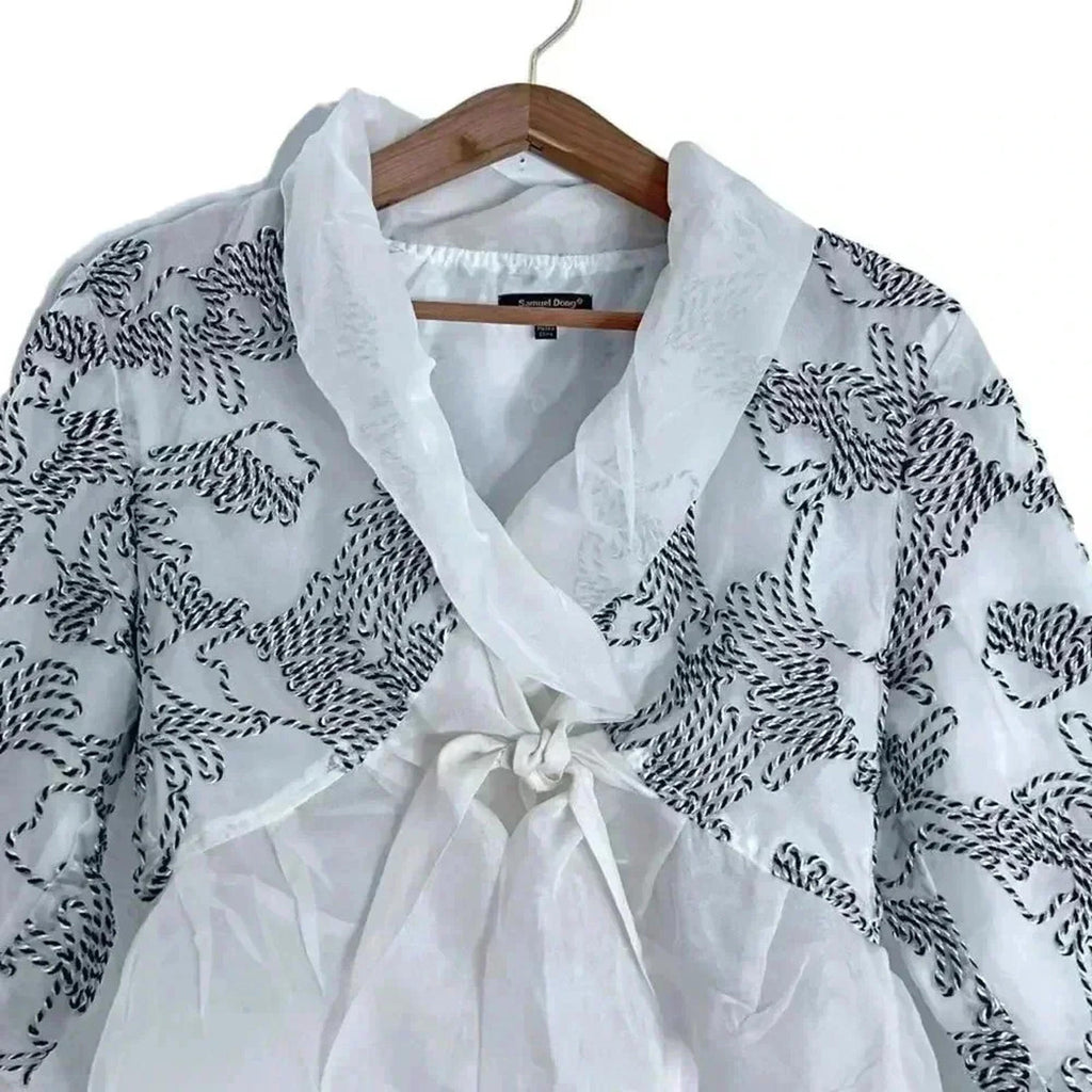 Samuel Dong Silk Black and White Embroidered Abstract Design Blouse Size M