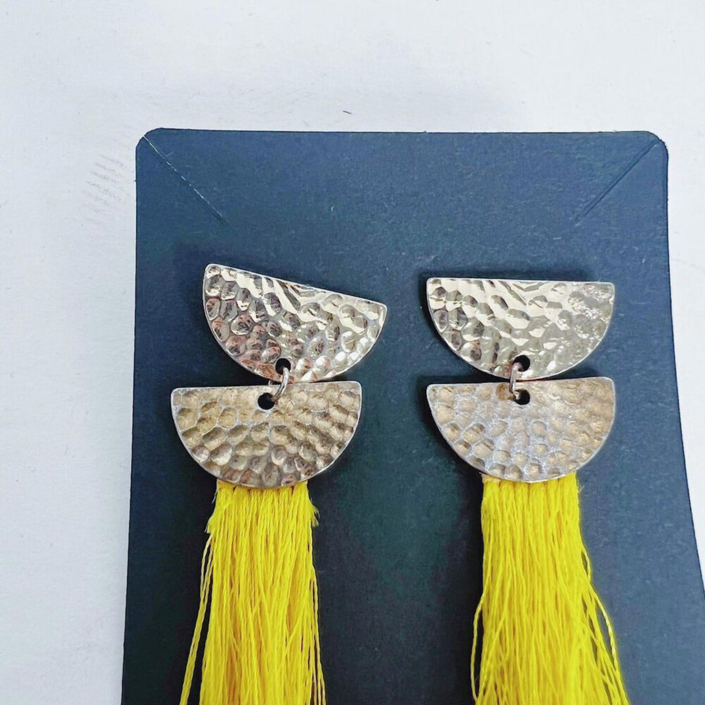 Yellow Tassel Earrings Gold Accents Boho Chic Bohemian
