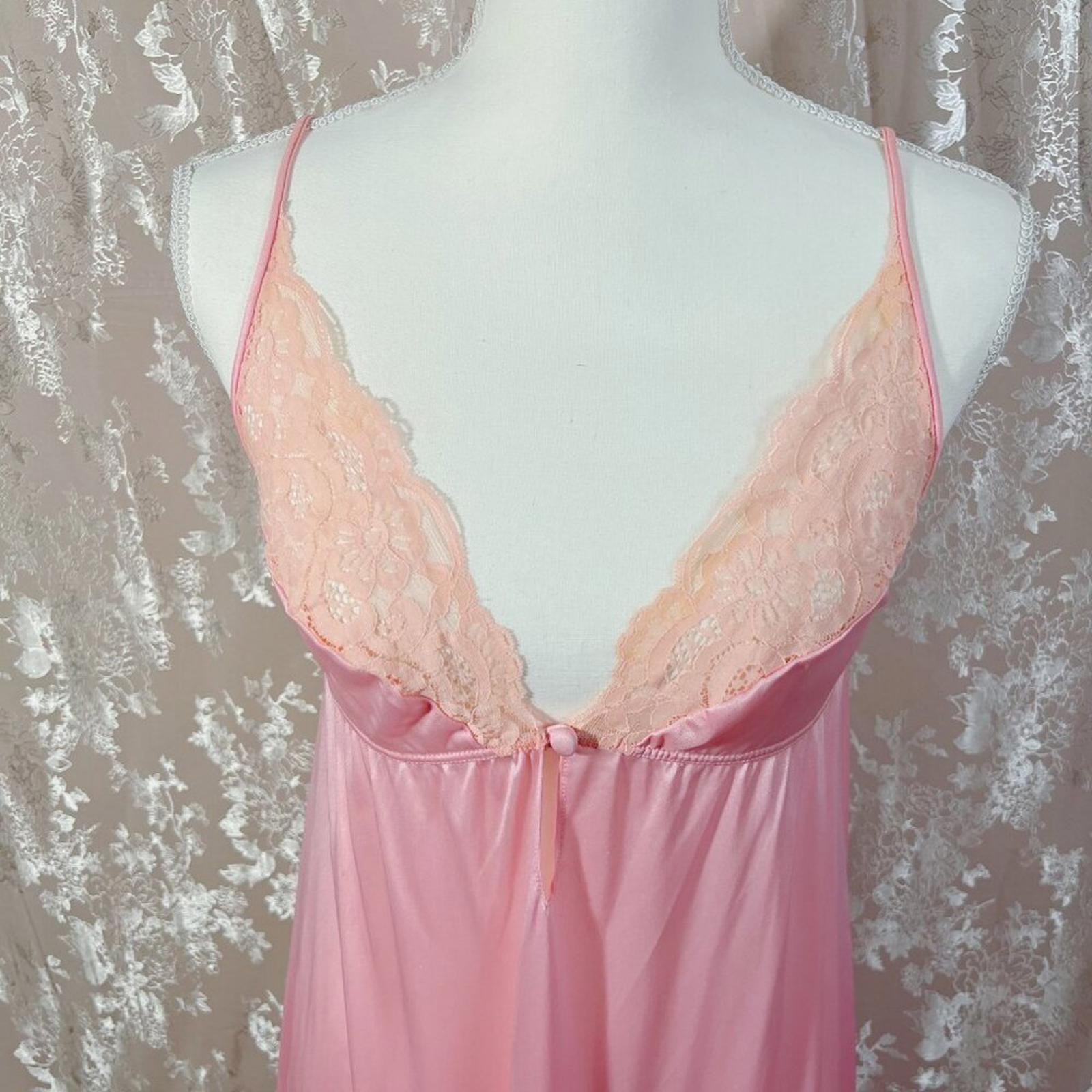 Vintage Flair Lingerie Pink Lace Nightgown Satin Maxi Dress 70s 80s Size M