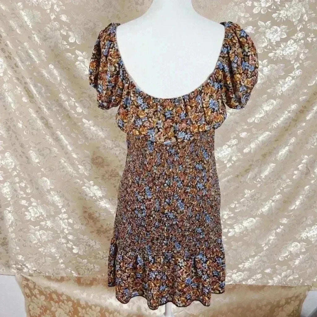 Wild Fable Brown Floral Smocked Dress Puffy Sleeves Women's Size L
