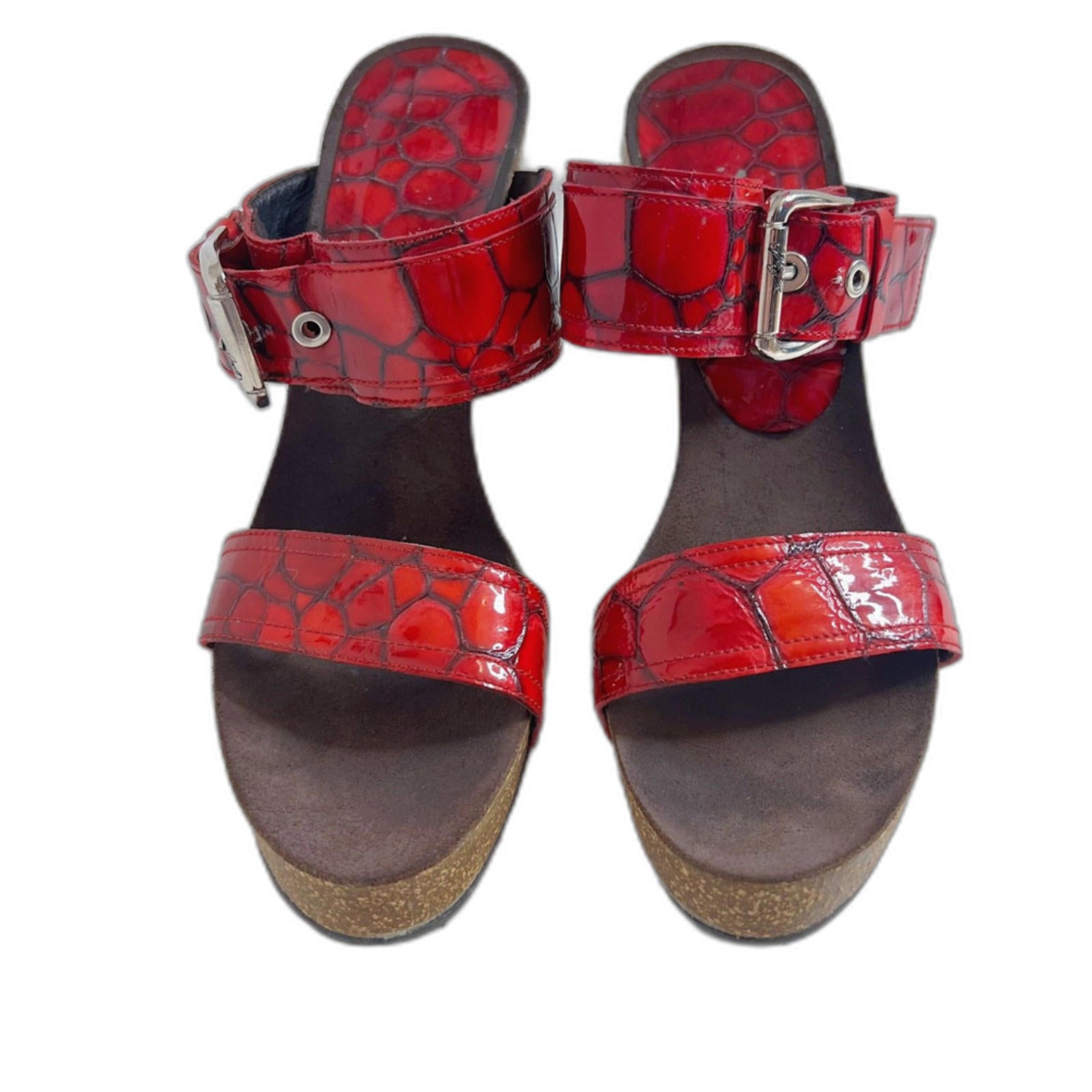 y2k Vintage Donald Pliner Red Crocodile Wedges Patent Leather Sandals Size 9.5