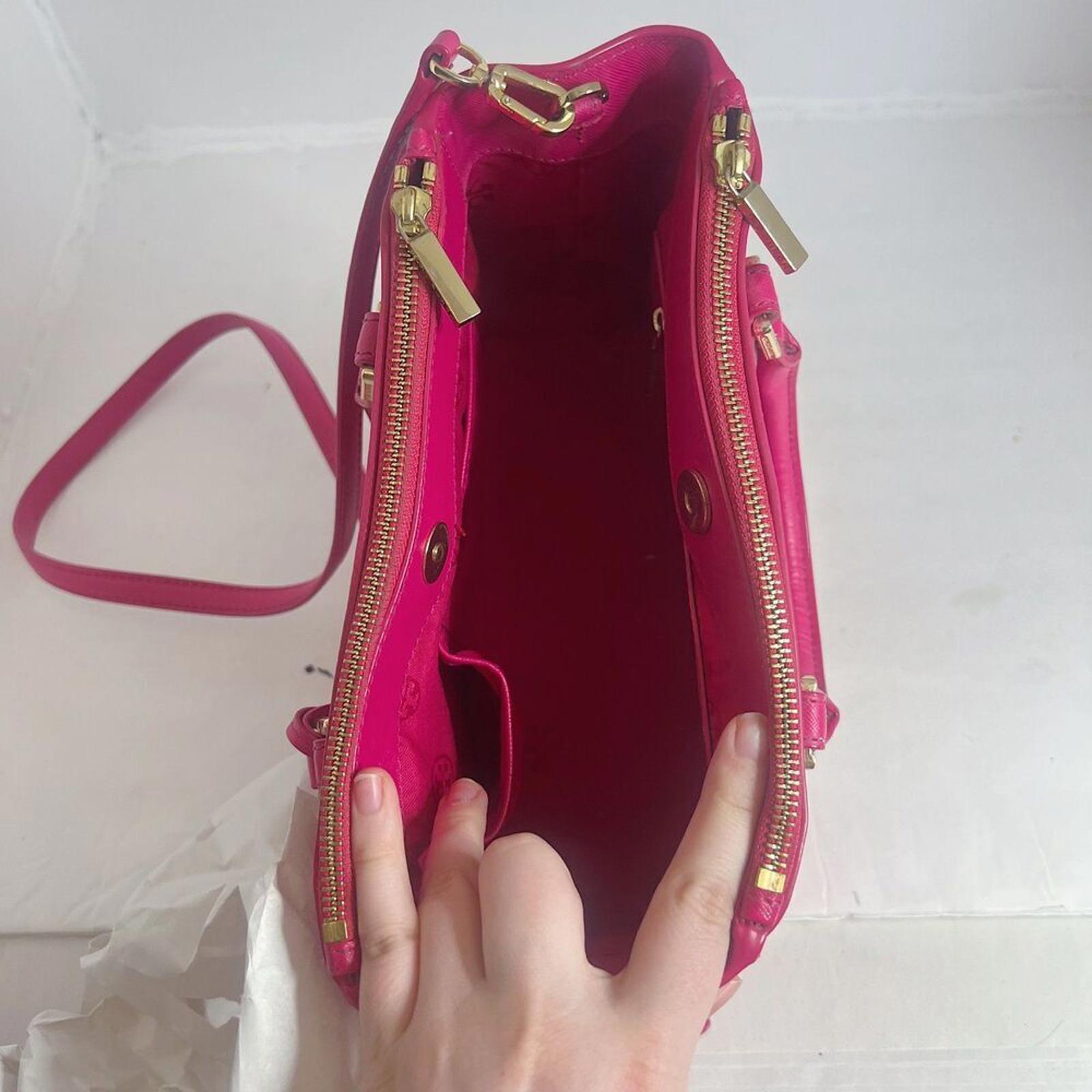 Tory Burch Robinson Fuchsia Double Zip Perforated Handbag Pink Leather Purse
