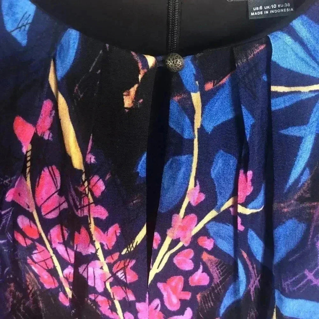 Anthropologie Maeve Cold Shouldered Navy Blue Pink Floral Dress Women's Size 6