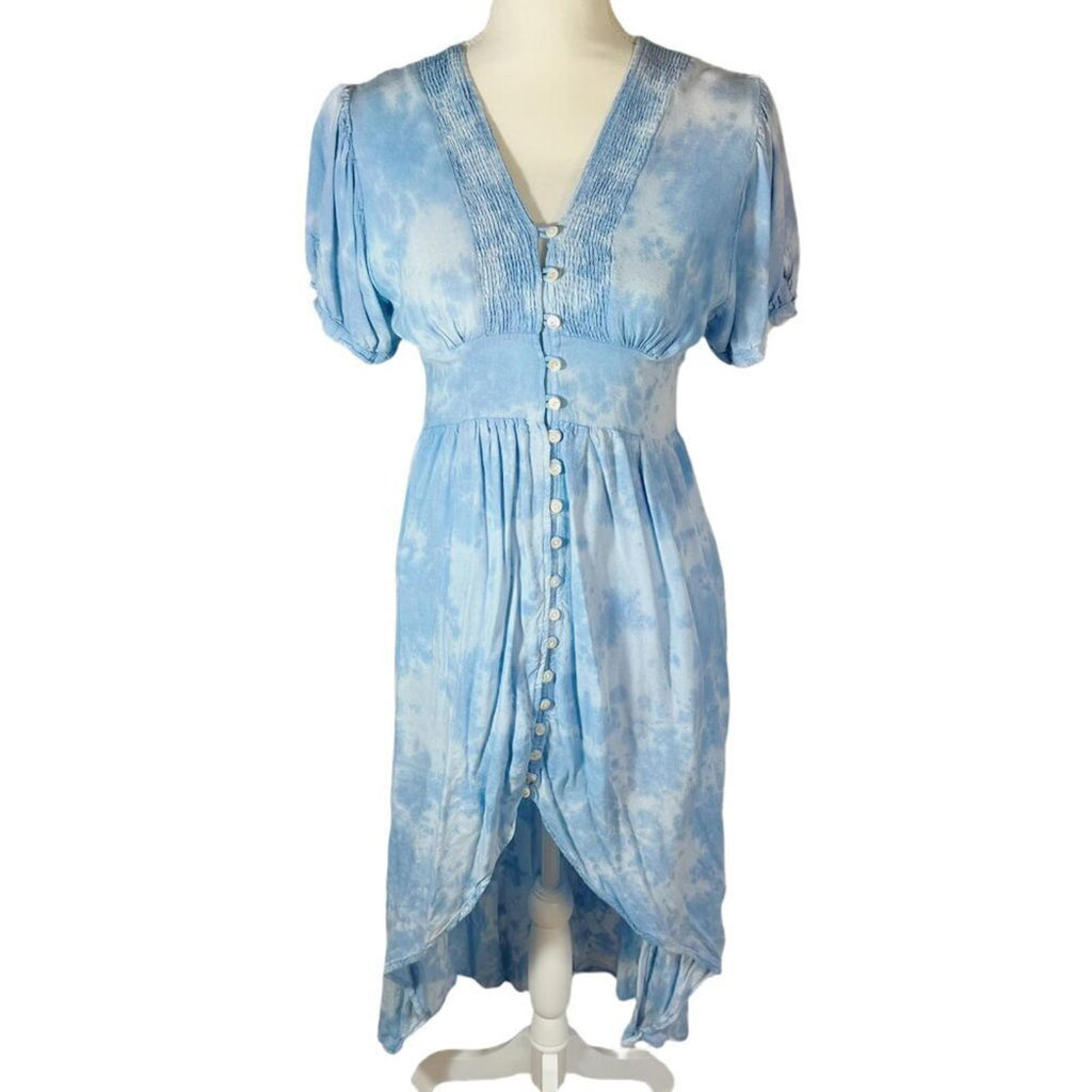 Aqua Blue Tie Dye High Low Button Up Peasant Dress Women's Size XS