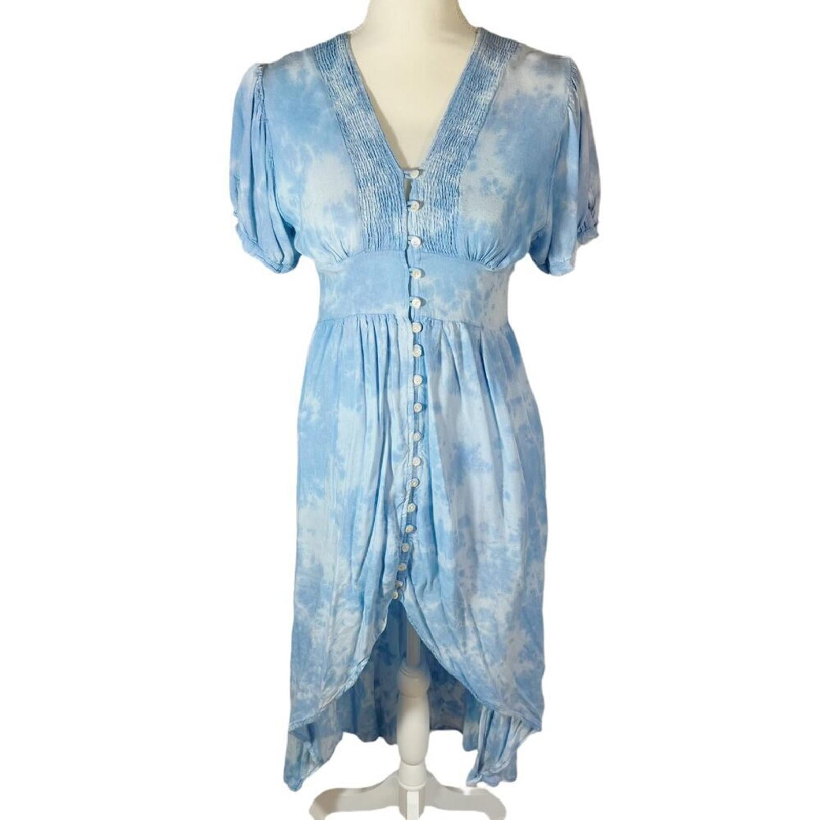 Aqua Blue Tie Dye High Low Button Up Peasant Dress Women's Size XS