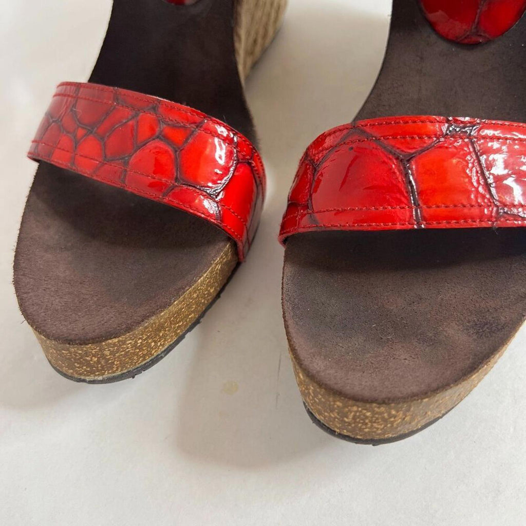 y2k Vintage Donald Pliner Red Crocodile Wedges Patent Leather Sandals Size 9.5