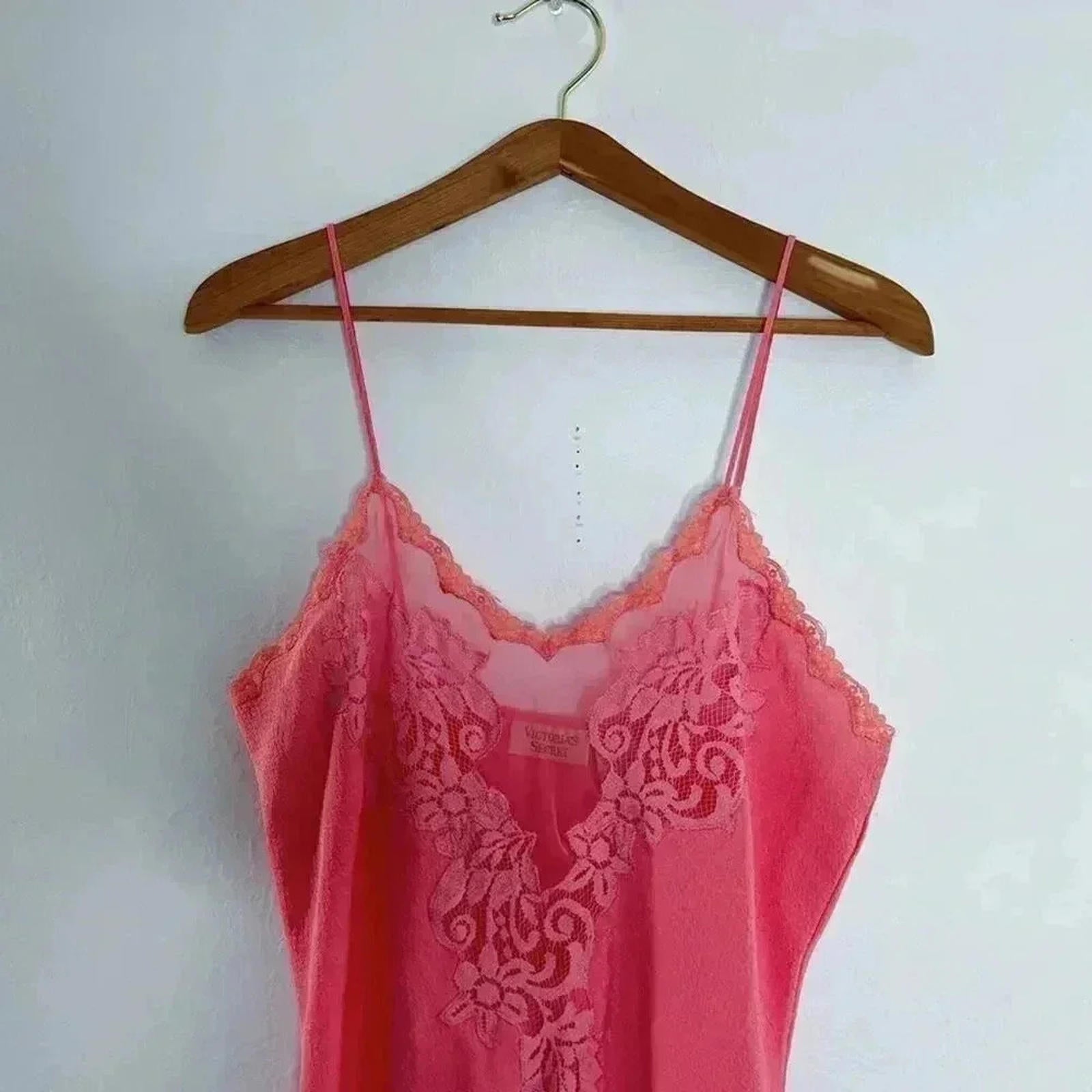 Vintage 90s Victoria's Secret VS Gold Label Salmon Pink Slip Dress Lace Size L