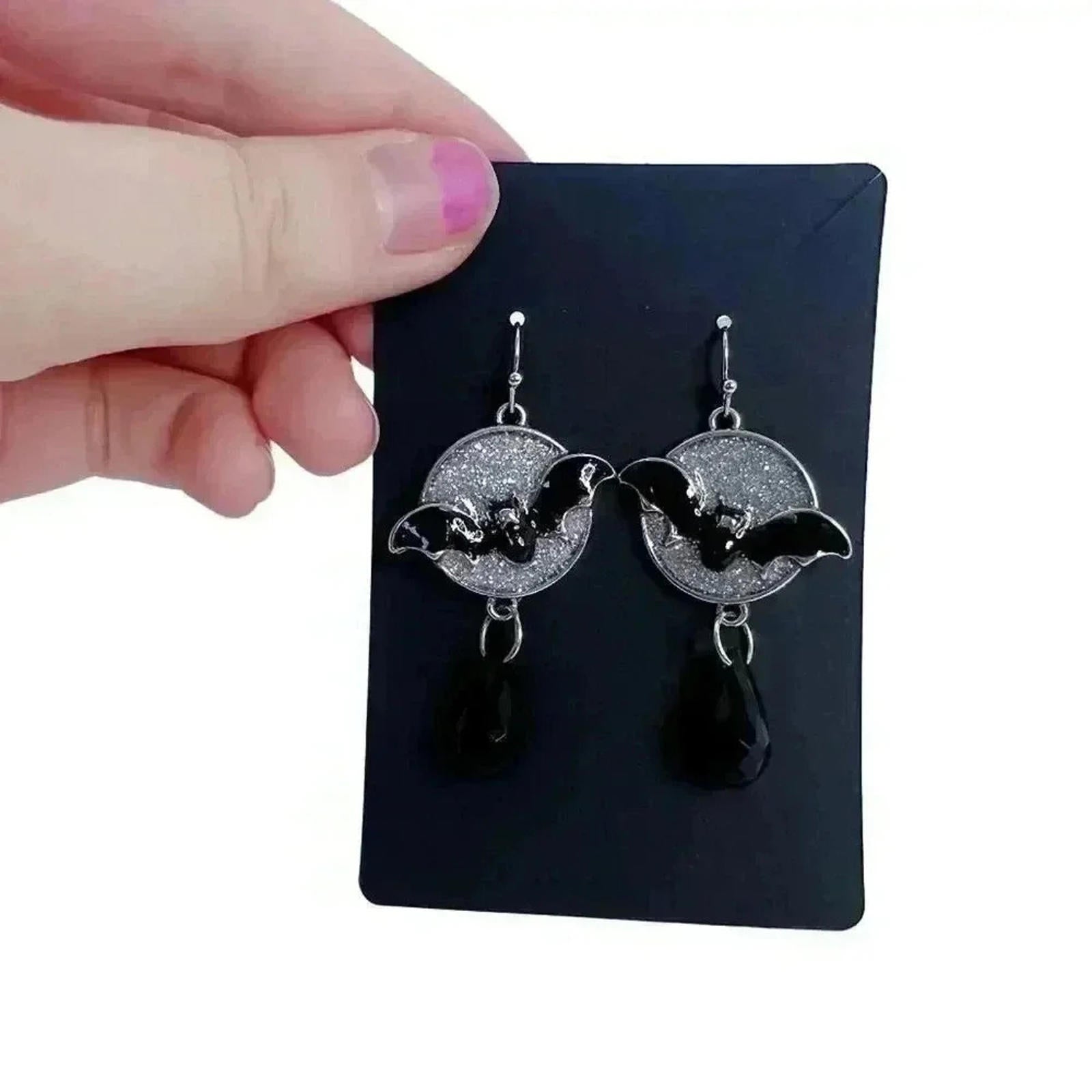 Bat Earrings Silver Sparkly Statement Dangling Earrings Halloween Gothic