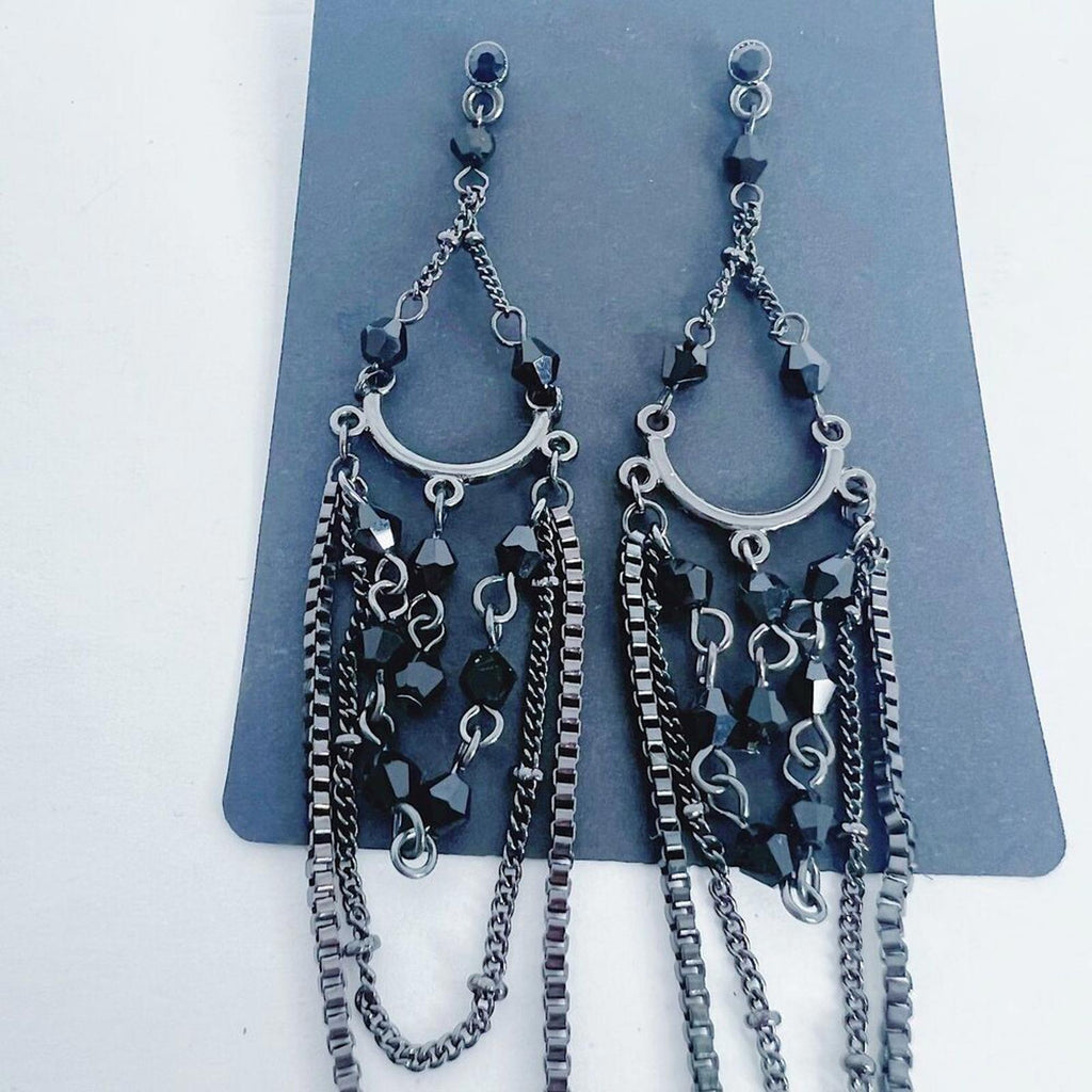 Gunmetal Chain Chandelier Earrings Black Beading Gothic Grunge Punk
