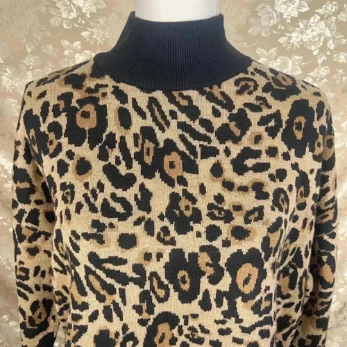 Calvin Klein Leopard Print Mock-Neck Sweater Animal Print Knit Women's Size M
