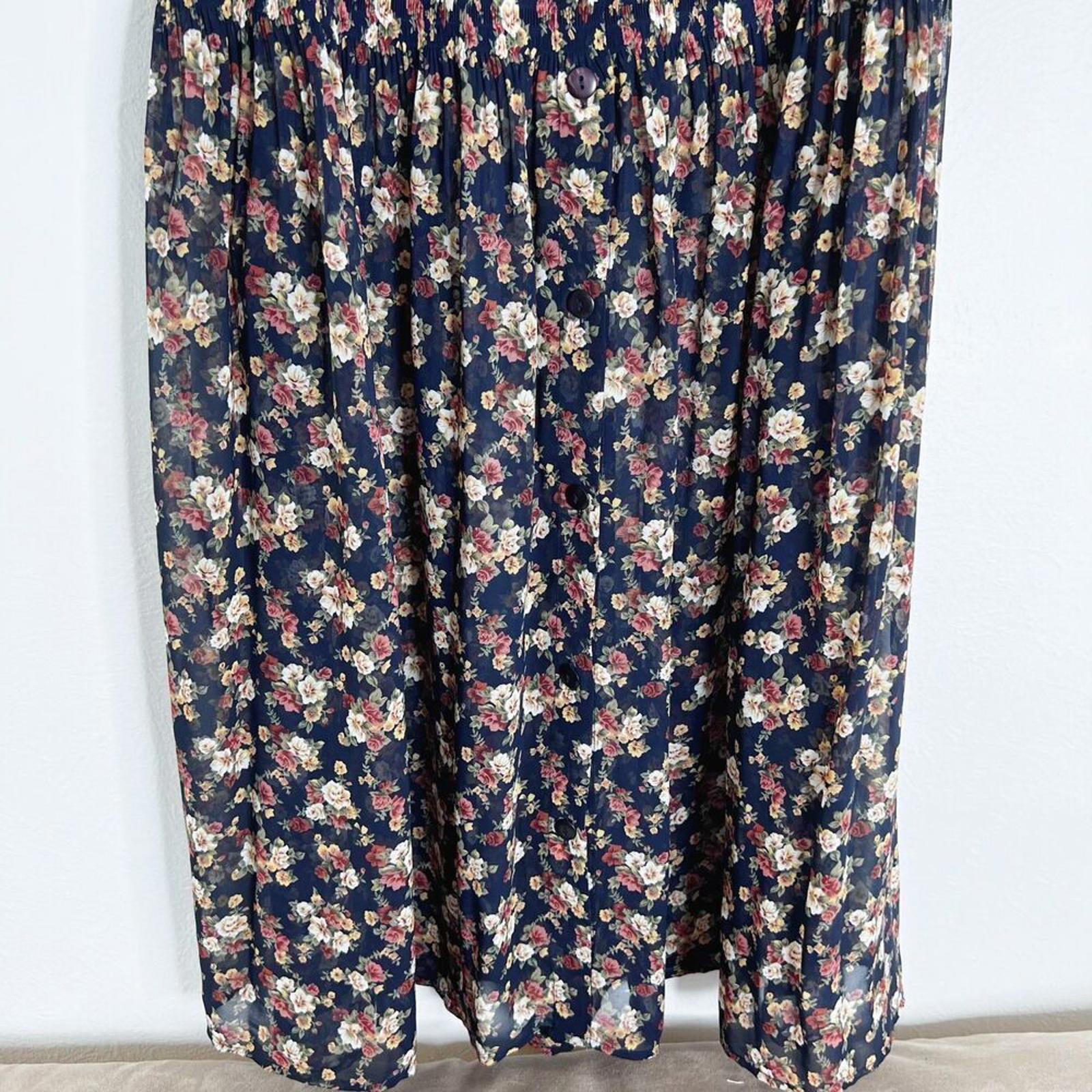 Vintage 90s Express Navy Blue and Pink Floral Maxi Skirt Chiffon Size M