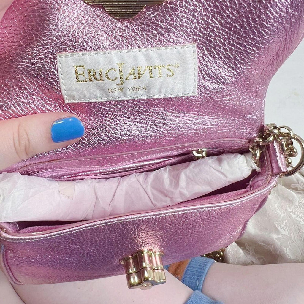 NWOT Eric Javits Pink Metallic Pebbled Leather Crossbody Bag Gold Chain Purse