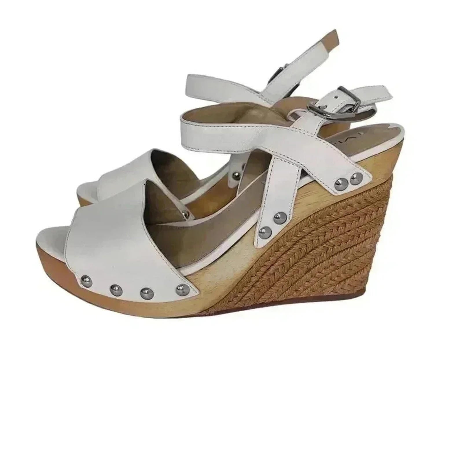 Via Spiga White Leather Wedges Woven Sandal Heels Women's Size 8