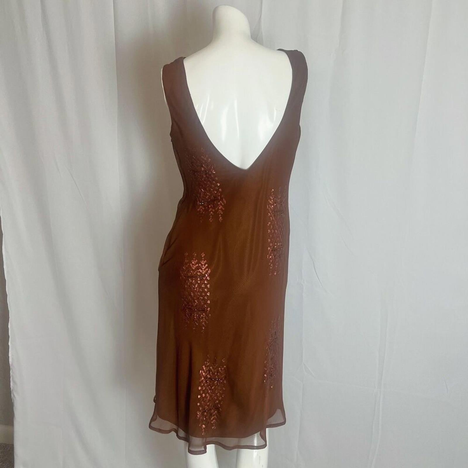 y2k Vintage Sue Wong Copper Brown Beaded Cowl Neck Midi Dress Size 10