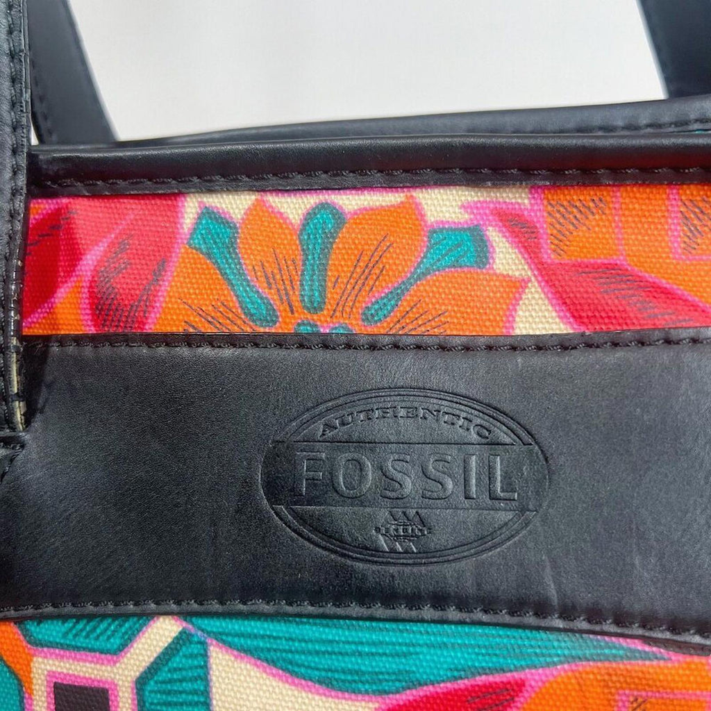 Fossil KeyPer Orange and Pink Flower Floral Tote Bag Black Leather Purse