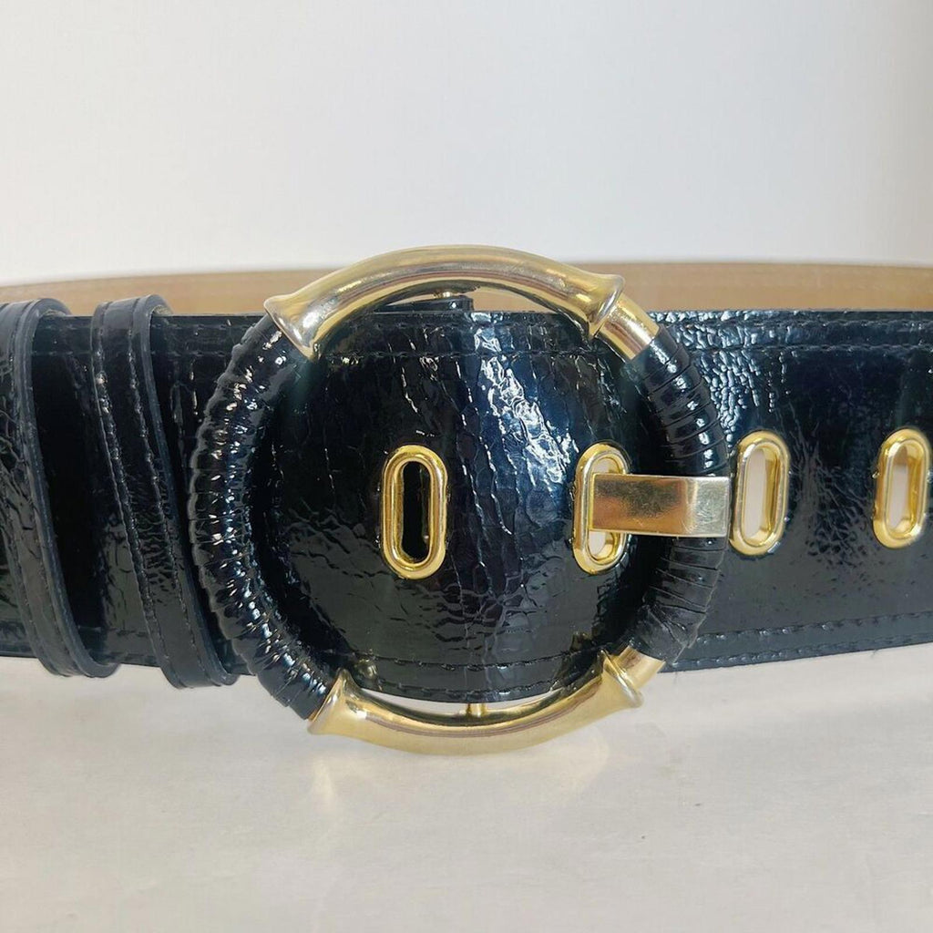 y2k Vintage Black Patent Leather Chunky Waist Belt Dress Belt Size 32 Boho