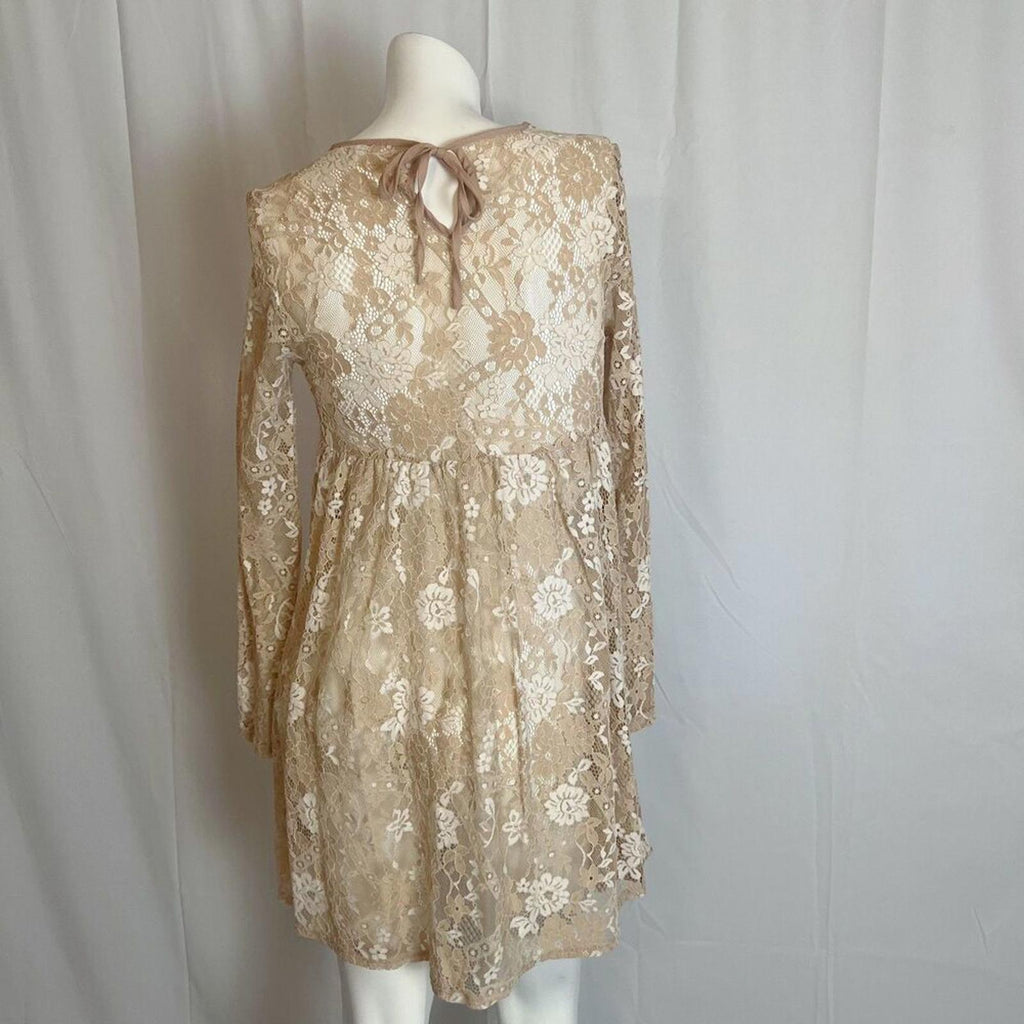 Altar'd State Tan Cream Lace Long Sleeve Dress Swimsuit Coverup Boho Size S