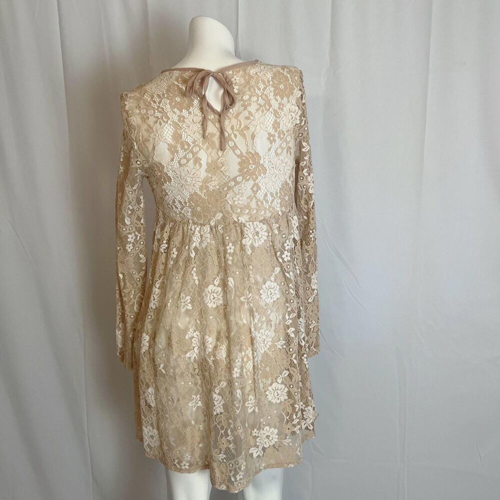 Altar'd State Tan Cream Lace Long Sleeve Dress Swimsuit Coverup Boho Size S