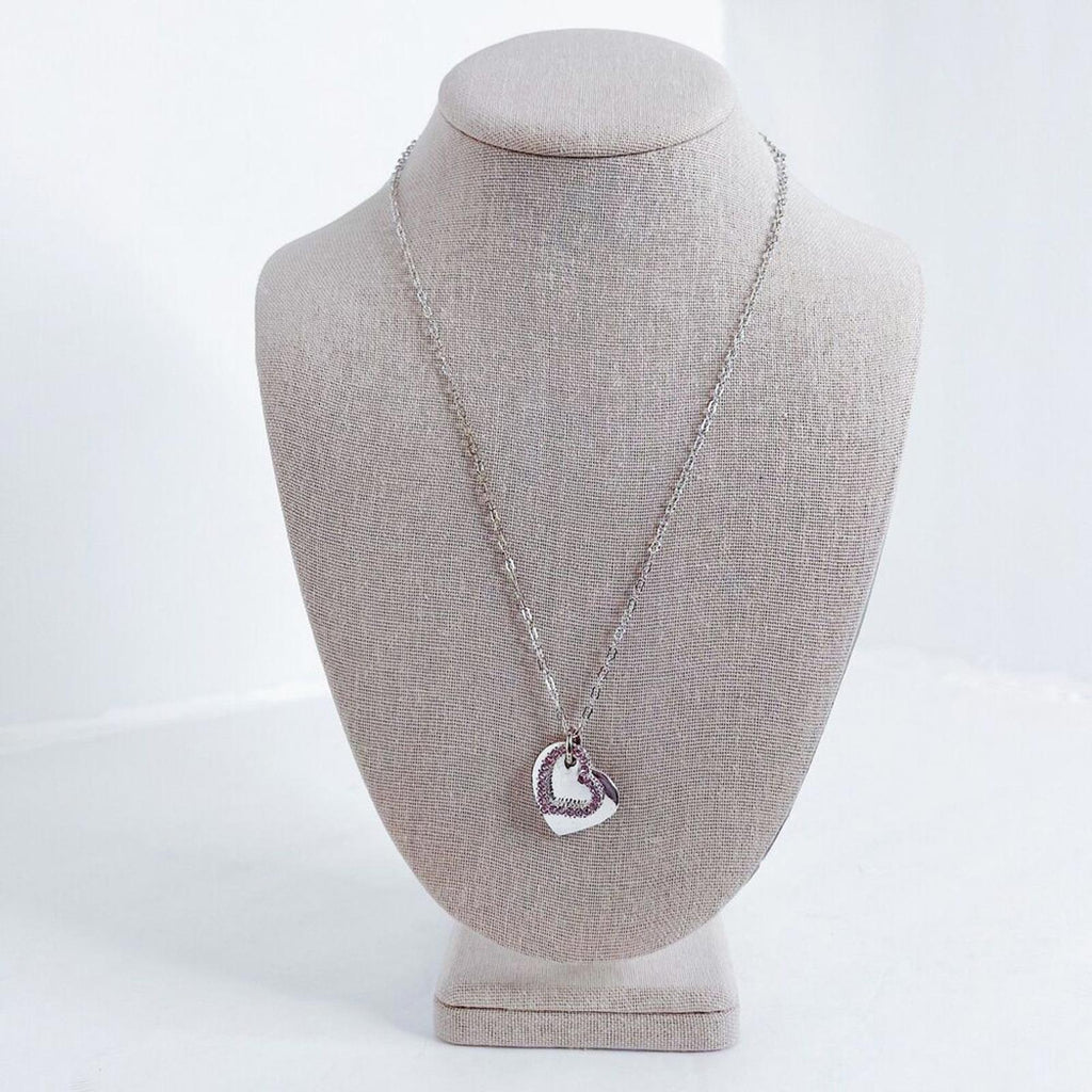 Silver Heart Necklace Pink Rhinestone Heart Pendant Chain