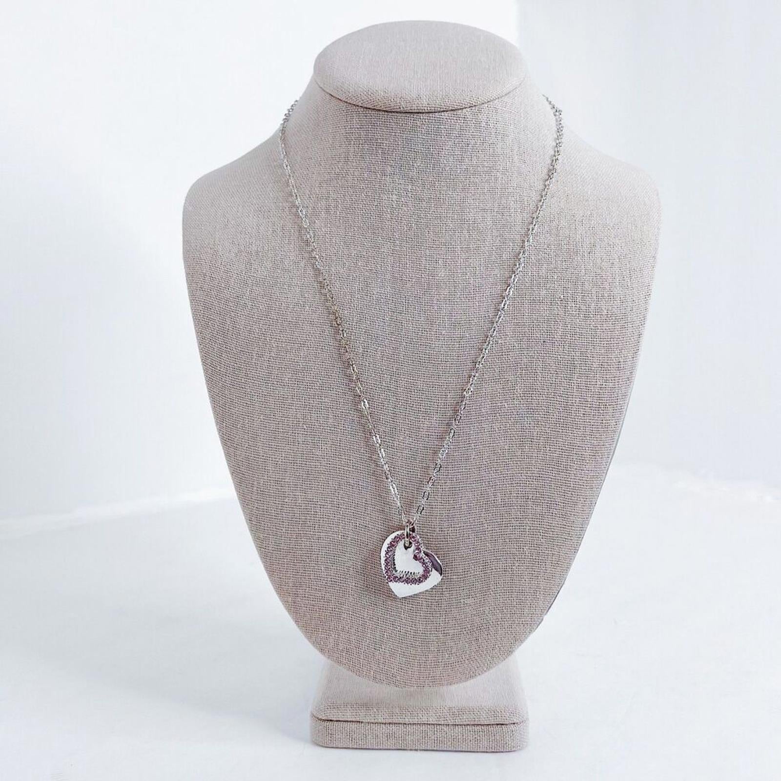 Silver Heart Necklace Pink Rhinestone Heart Pendant Chain