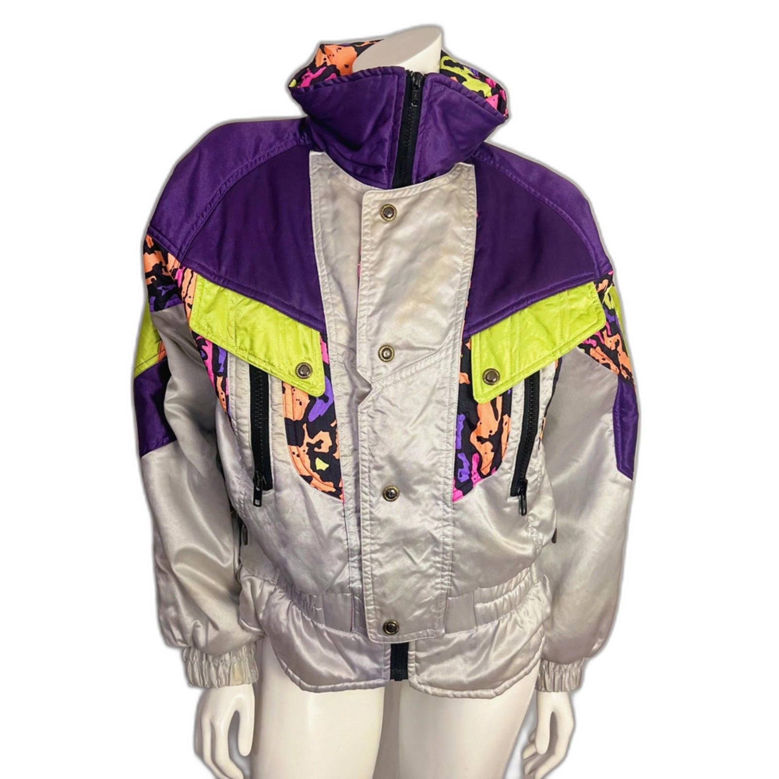 Vintage 90s Ski Jacket Silver Purple Colorful Winter Coat Women's Size S Rave