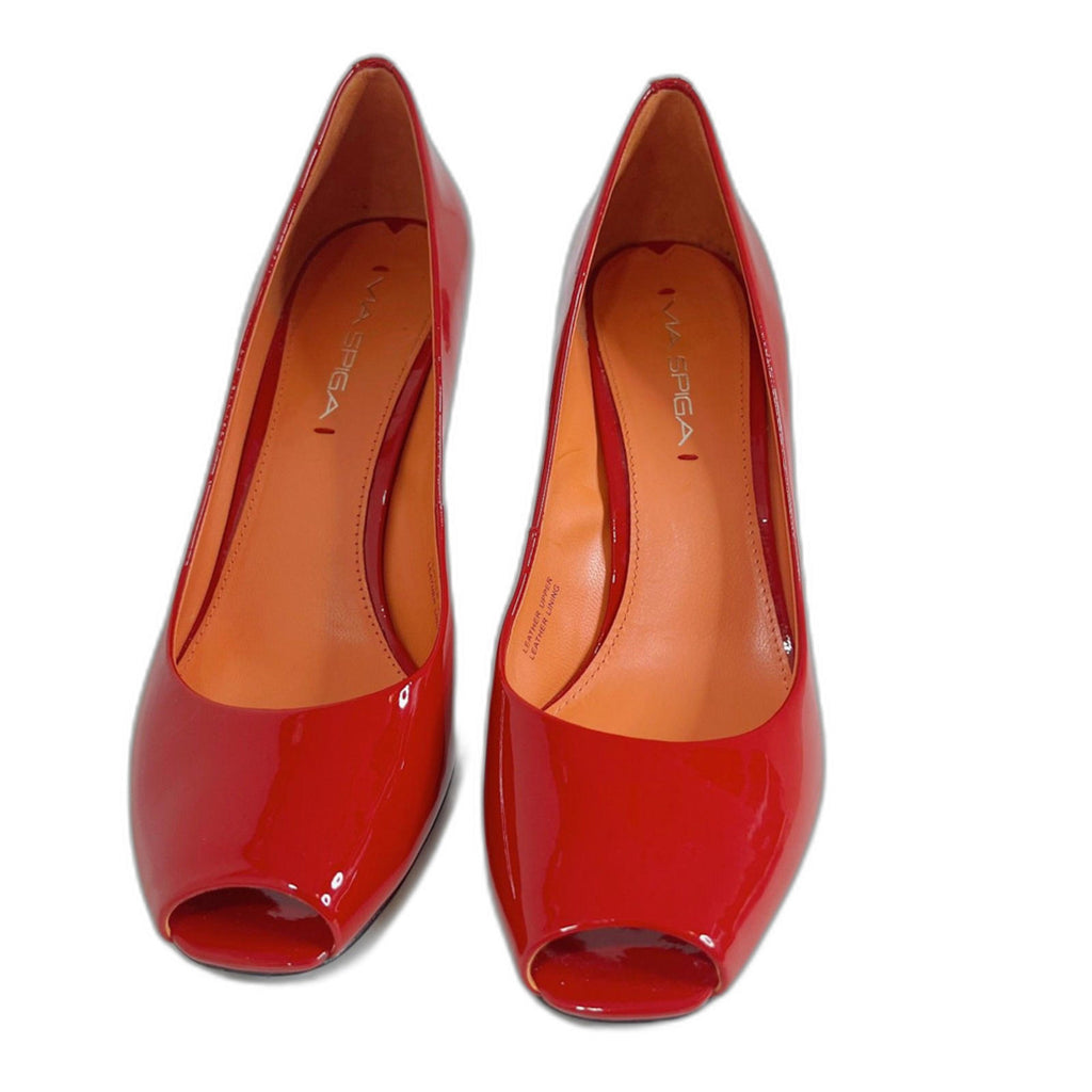 Via Spiga Red Patent Leather Peep Toe Stilettos Heels Pumps Women's Size 7.5