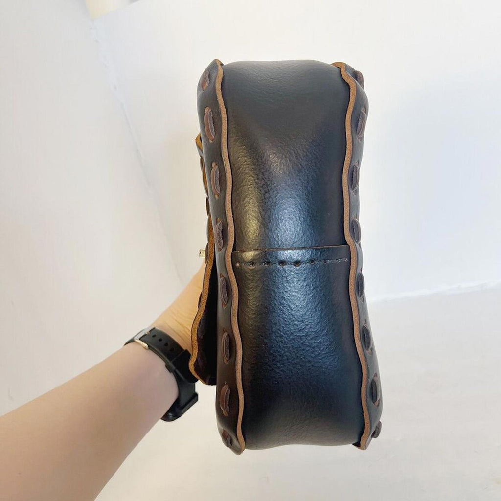 Handmade Vintage Black Leather Western Stitched Shoulder Bag