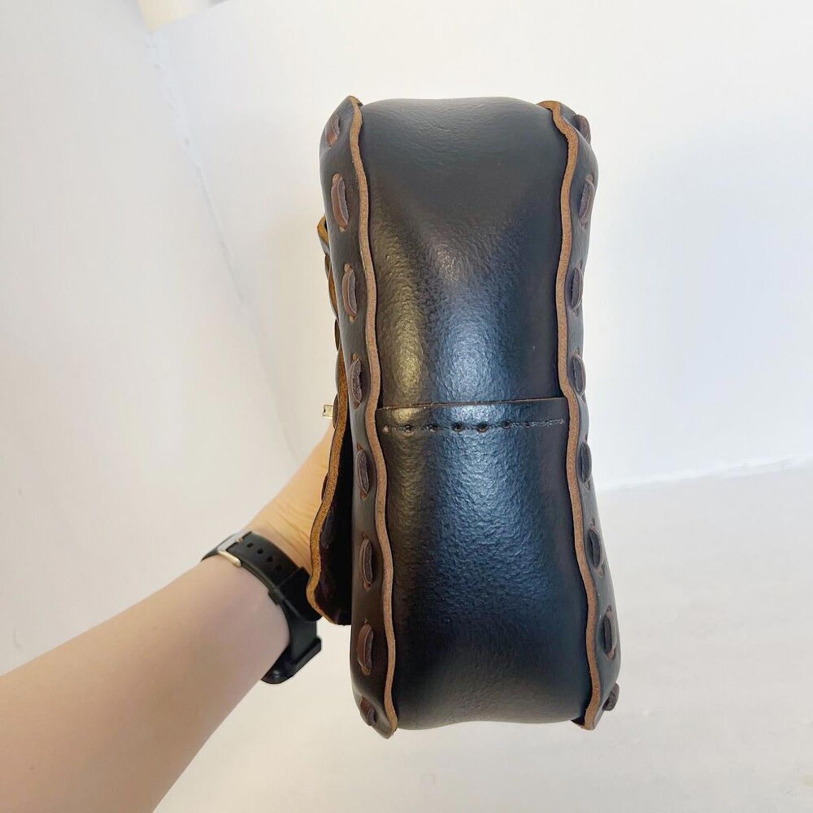 Handmade Vintage Black Leather Western Stitched Shoulder Bag