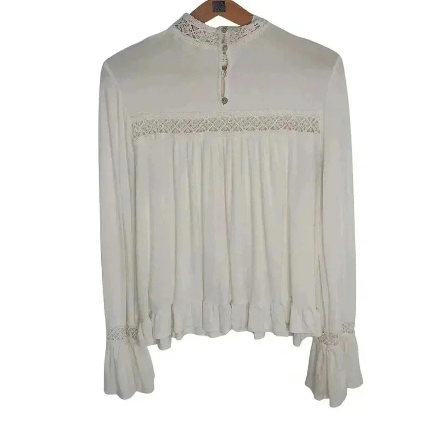 Eri + Ali White High Neck Flowy Peasant Blouse Lace Cottagecore Coquette Size M