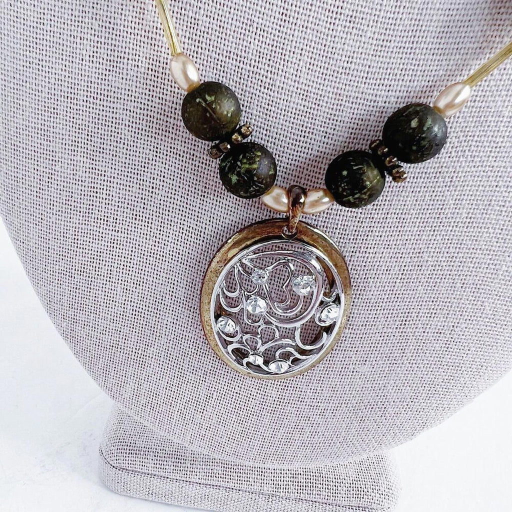 Green Beaded Silver Pendant Statement Necklace Boho