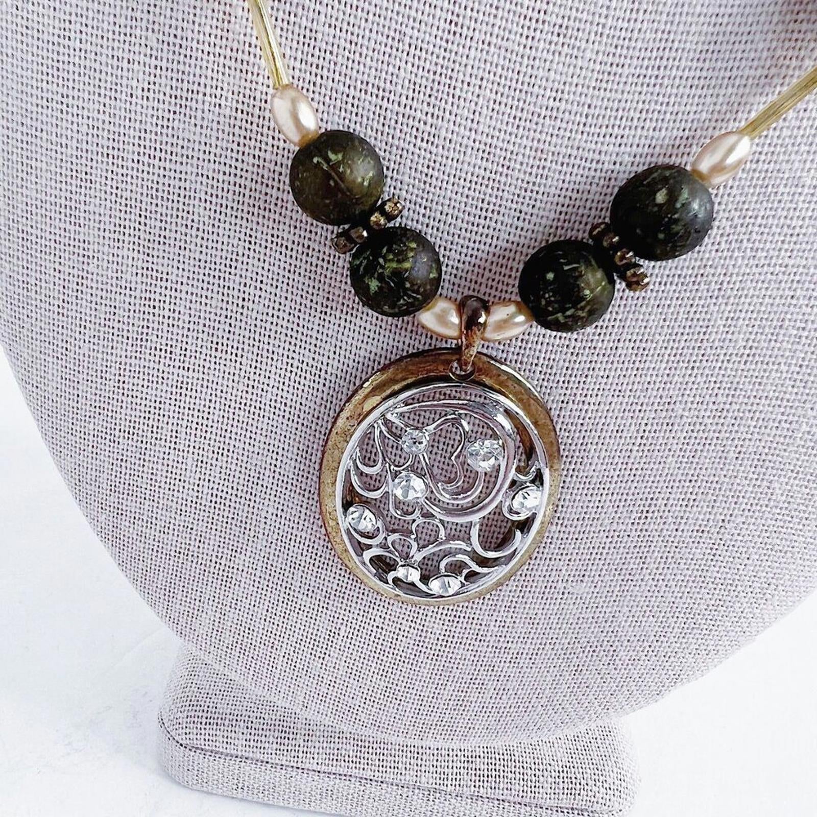 Green Beaded Silver Pendant Statement Necklace Boho
