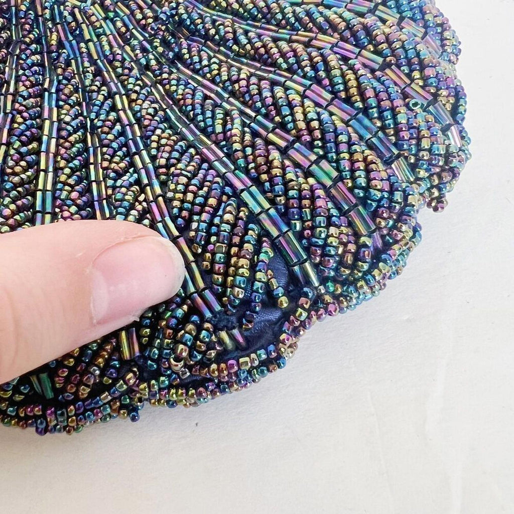 Vintage 80s La Regale Iridescent Blue Oil Spill Beaded Evening Bag Scalloped