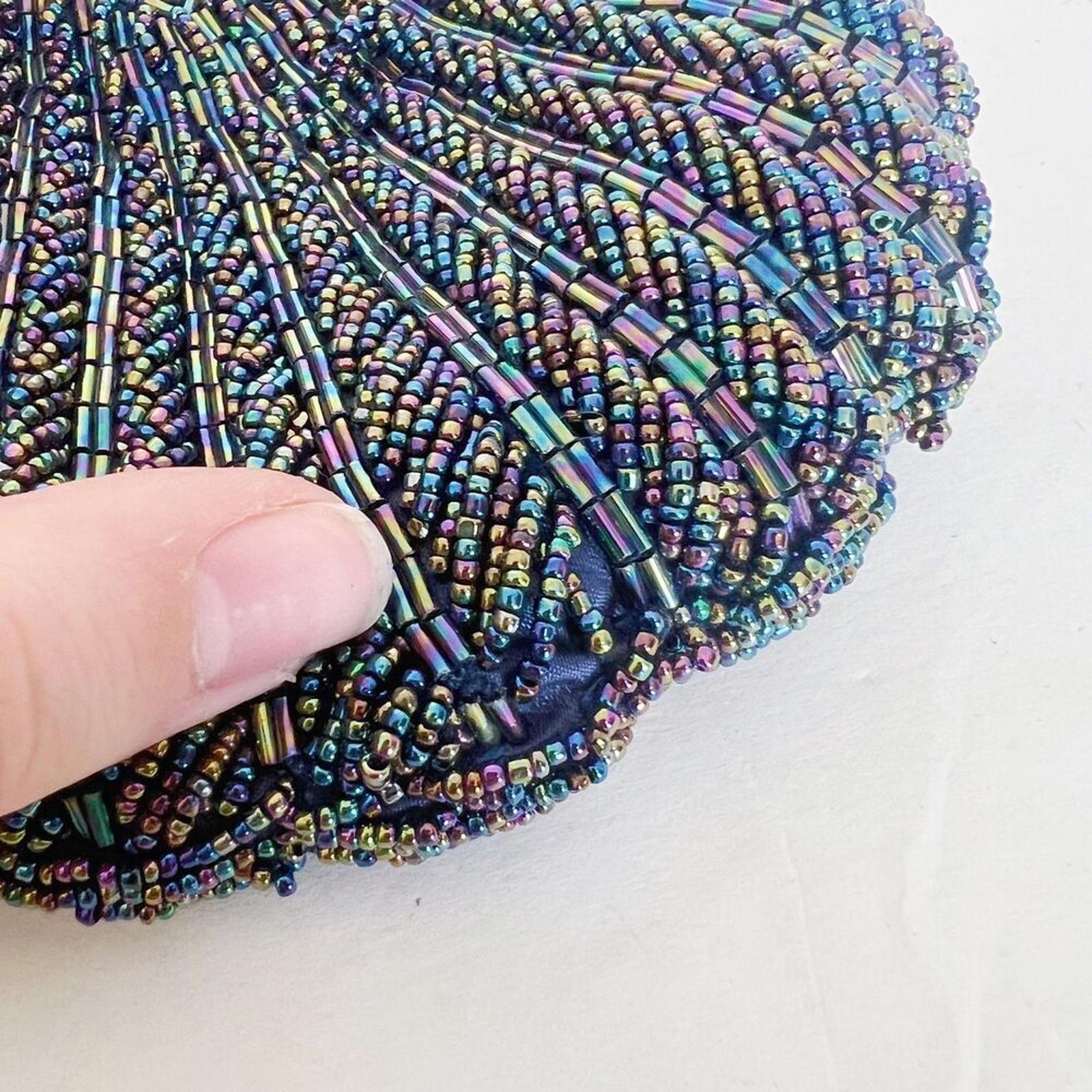 Vintage 80s La Regale Iridescent Blue Oil Spill Beaded Evening Bag Scalloped