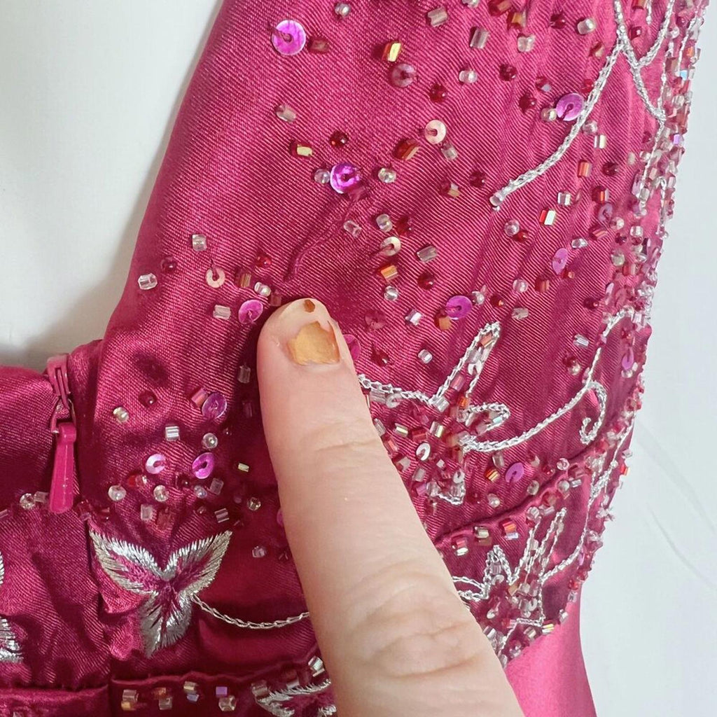 y2k Vintage Marina Bright Burgundy Satin Evening Gown Beaded Whimsygoth Size 12