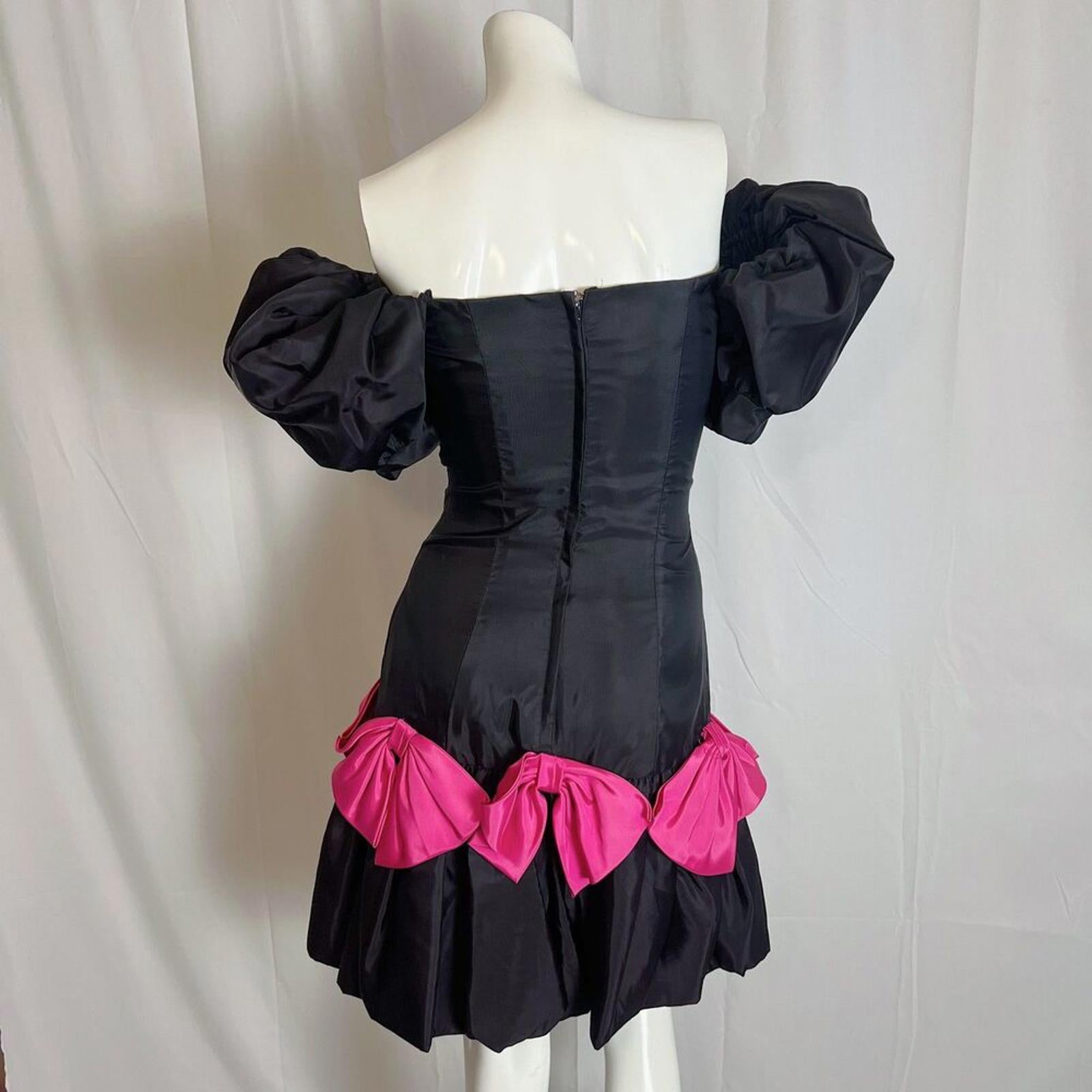 Vintage 80s Black Puff Sleeves Pink Bows Dress Party Prom Retro Size 7-8