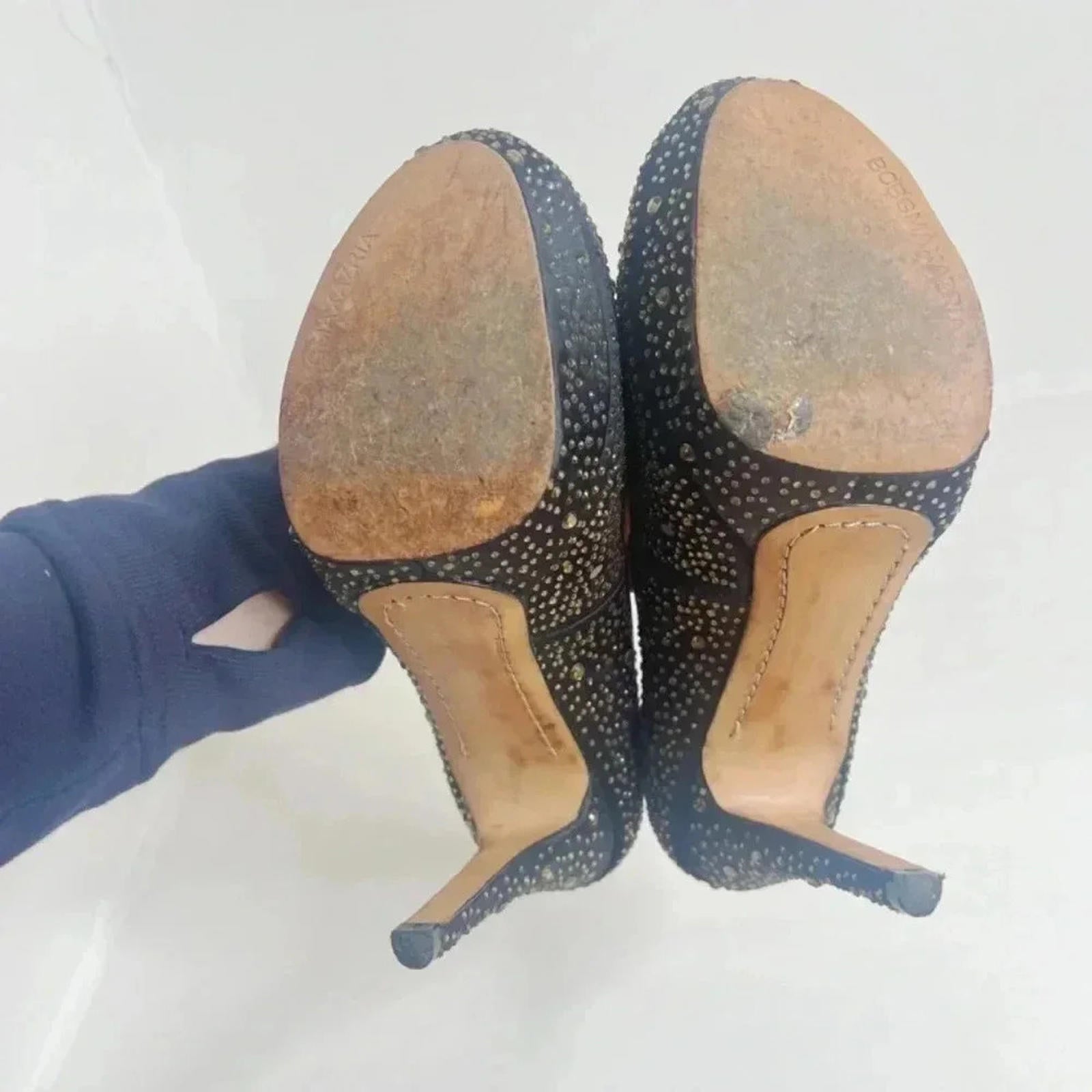 BCBG Maxazria Navy Blue Satin Gold Rhinestone Pumps Stilettos Size 8.5