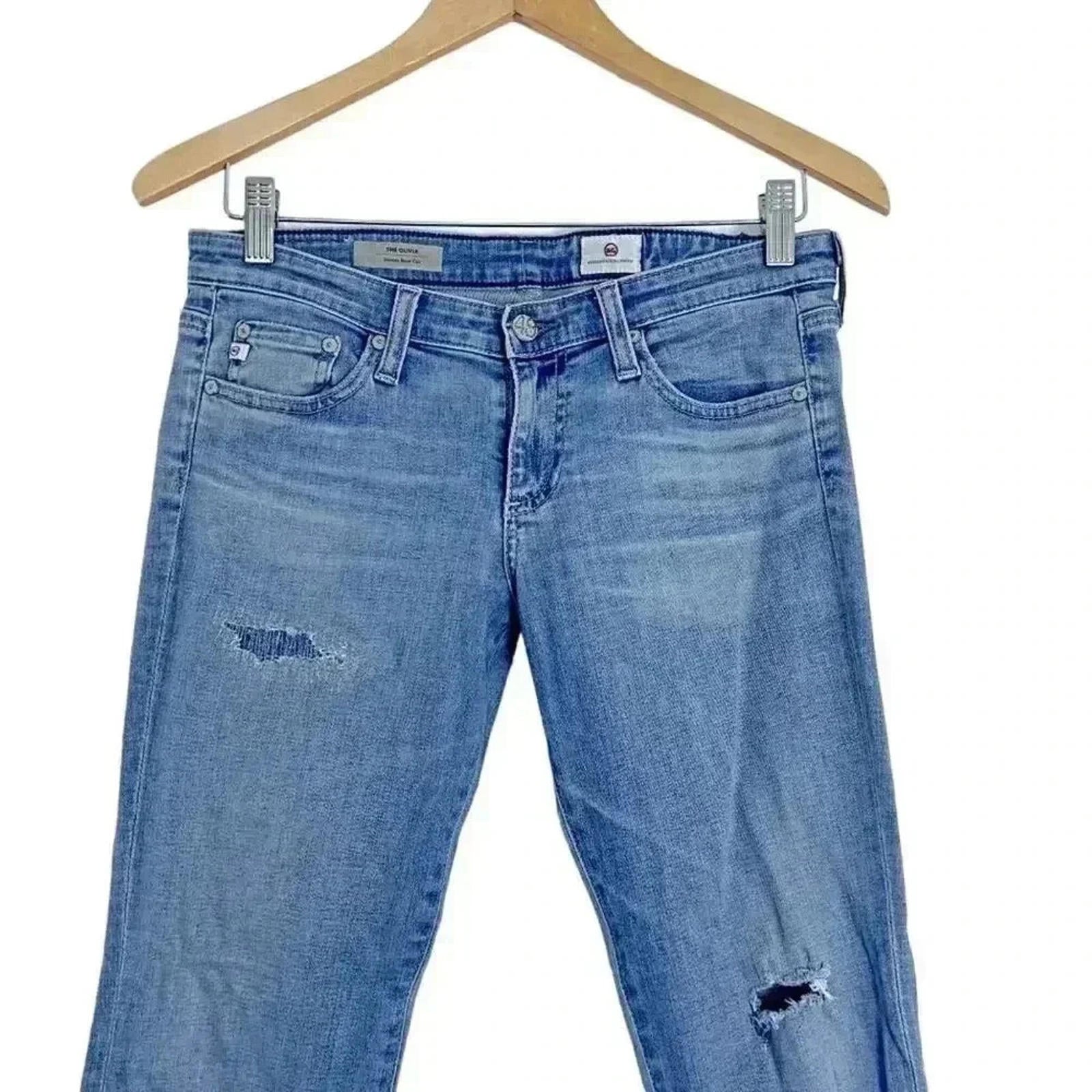 AG The Olivia Skinny Boot Cut Jeans Distressed Light Wash Low Rise Size 27 Denim
