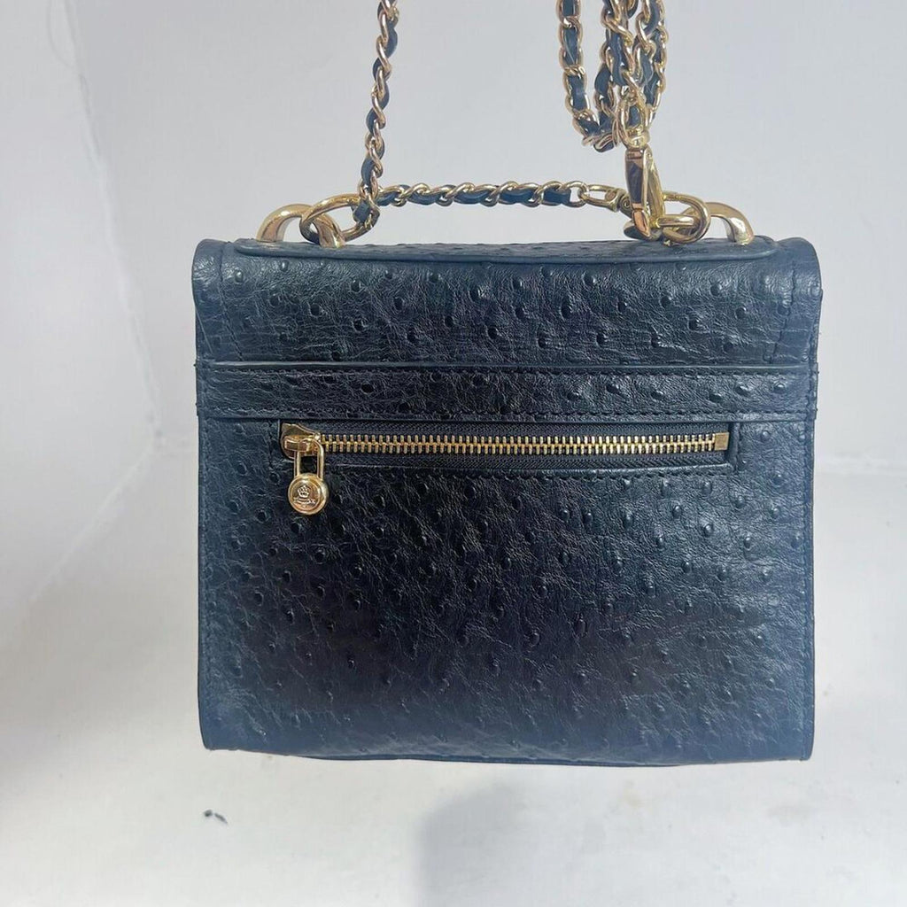 Vintage Tocco Toscano Black Ostrich Leather Structured Crossbody Bag Gold Chain