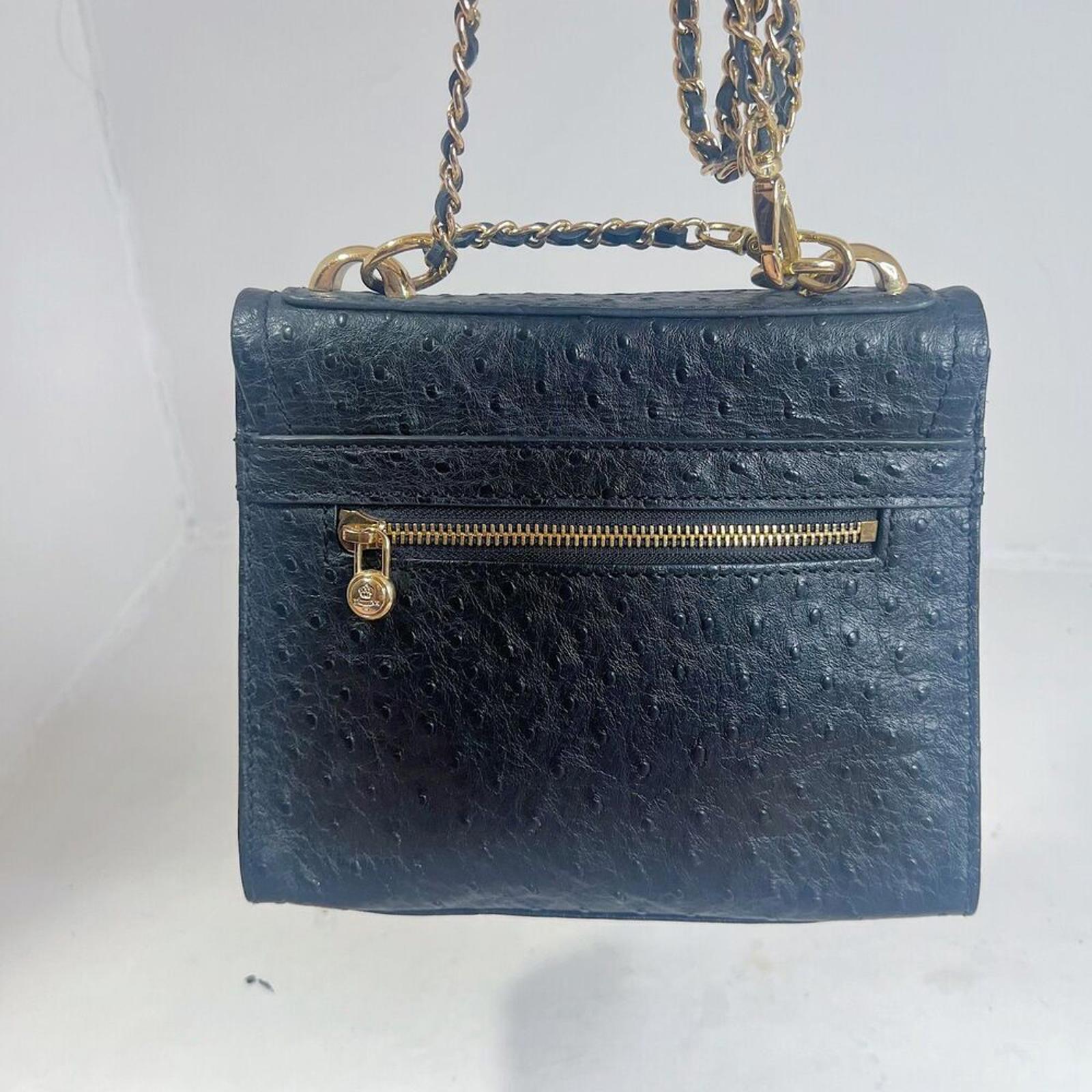 Vintage Tocco Toscano Black Ostrich Leather Structured Crossbody Bag Gold Chain