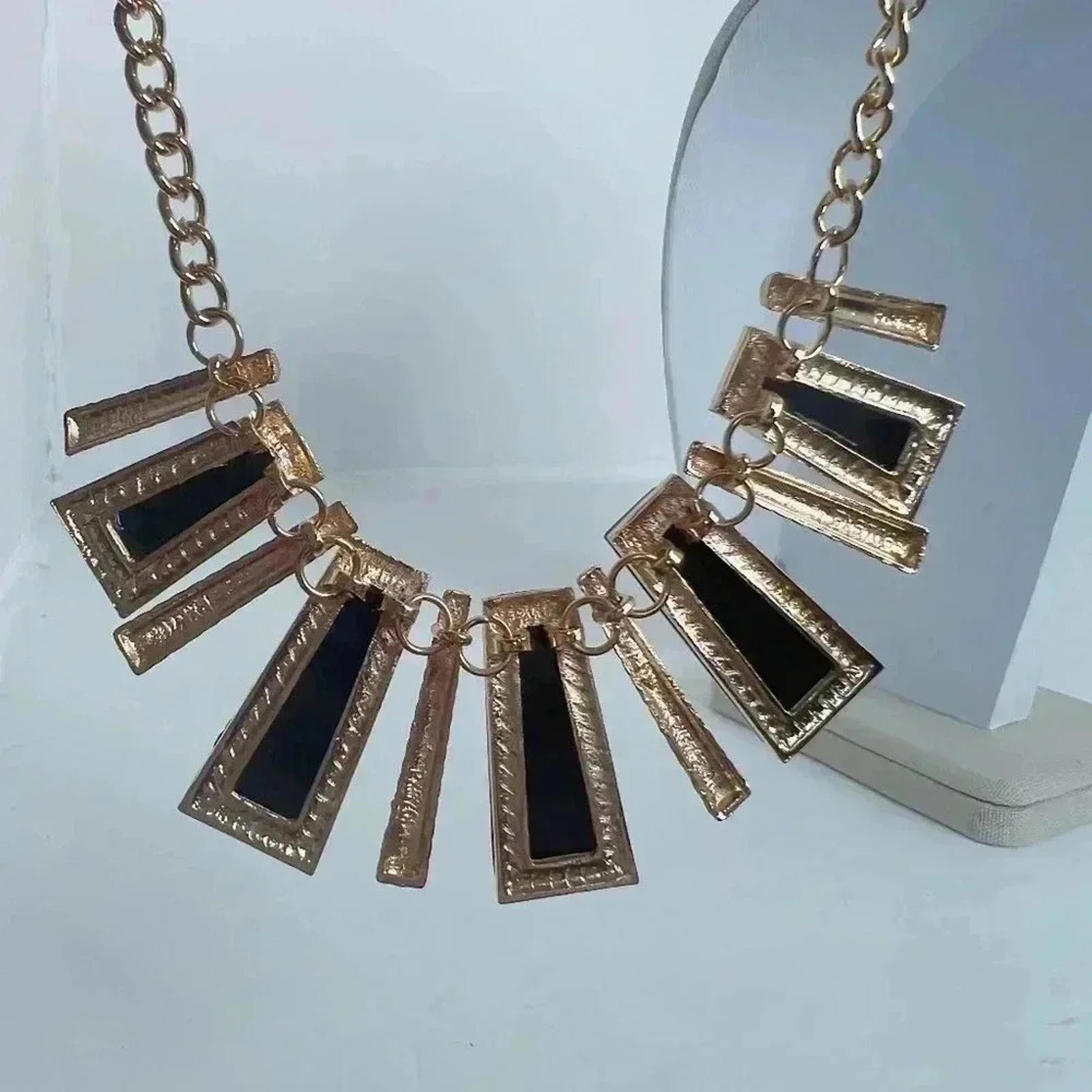 Geometric Gold and Black Statement Necklace Bohemian Boho Chic