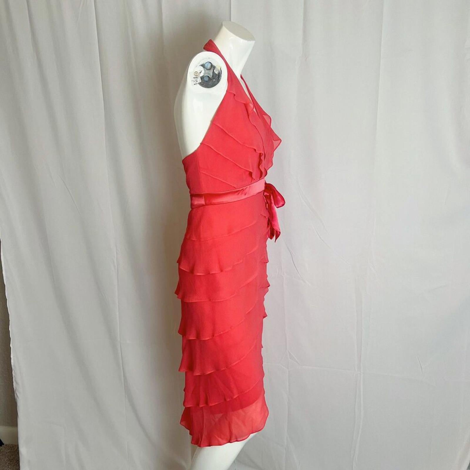 Vintage 90s y2k Lillie Rubin Coral Chiffon Ruffled Halter Neck Dress Size 2