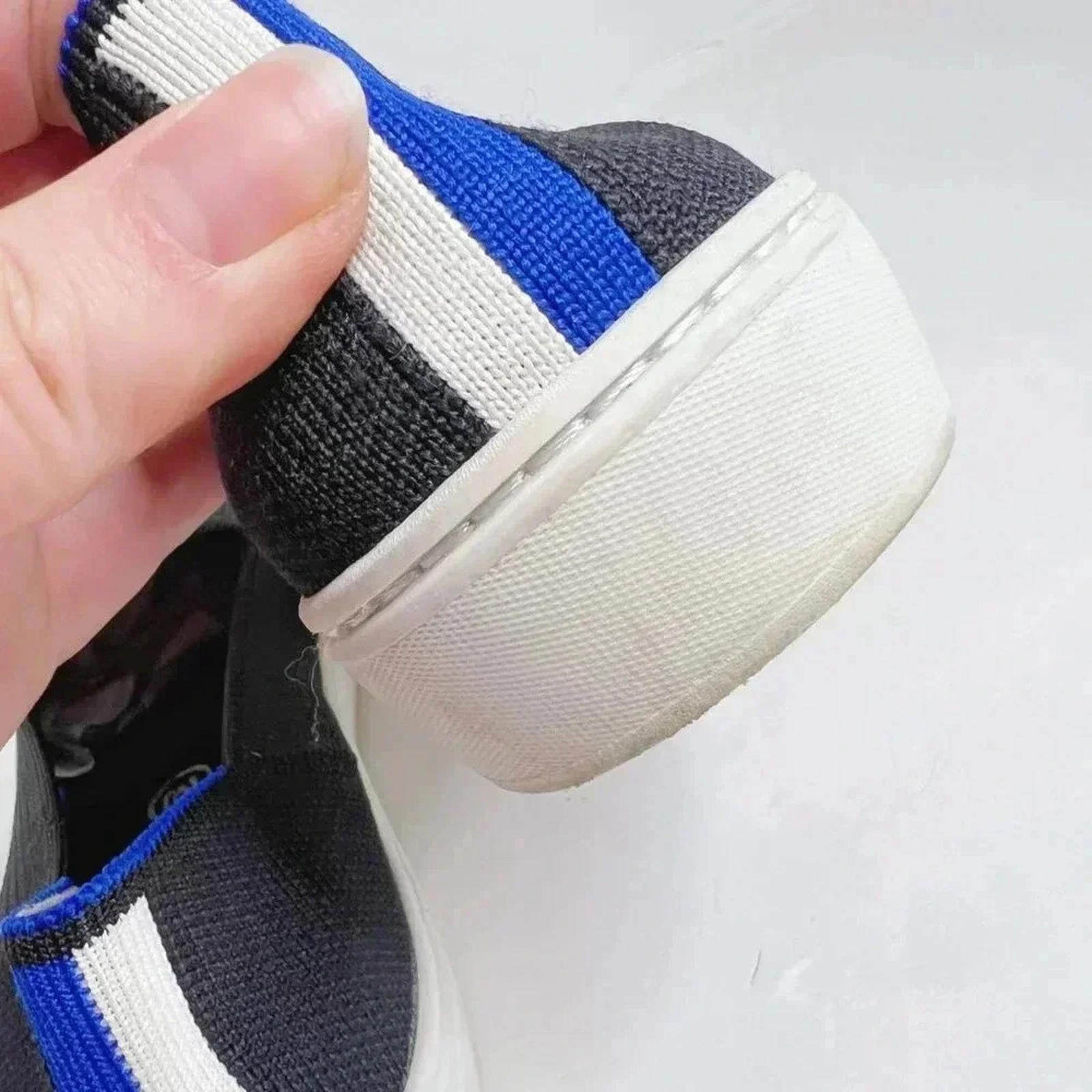 Rothy's Black Blue and White Stripes Slip On Sneakers Size 6