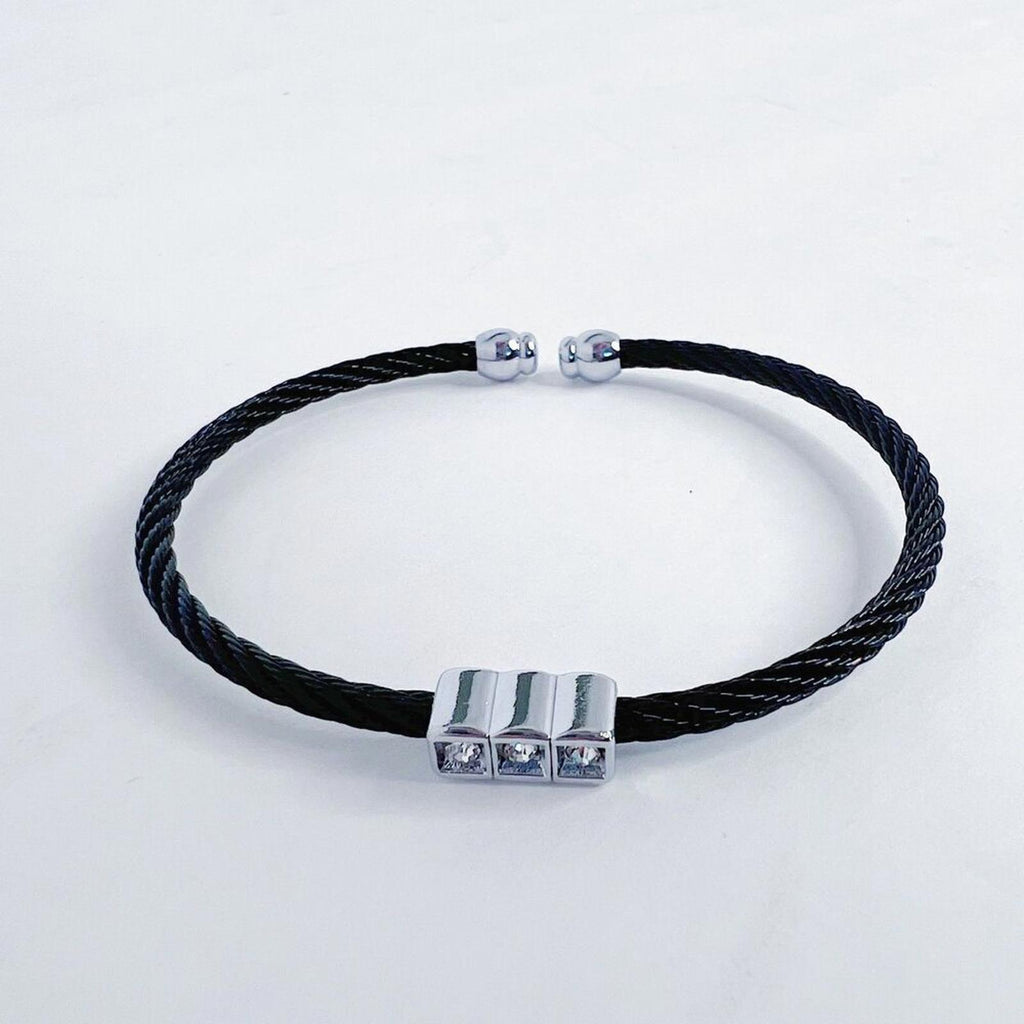 Black Cable Bracelet Braided Silver Rhinestone Charm Adjustable