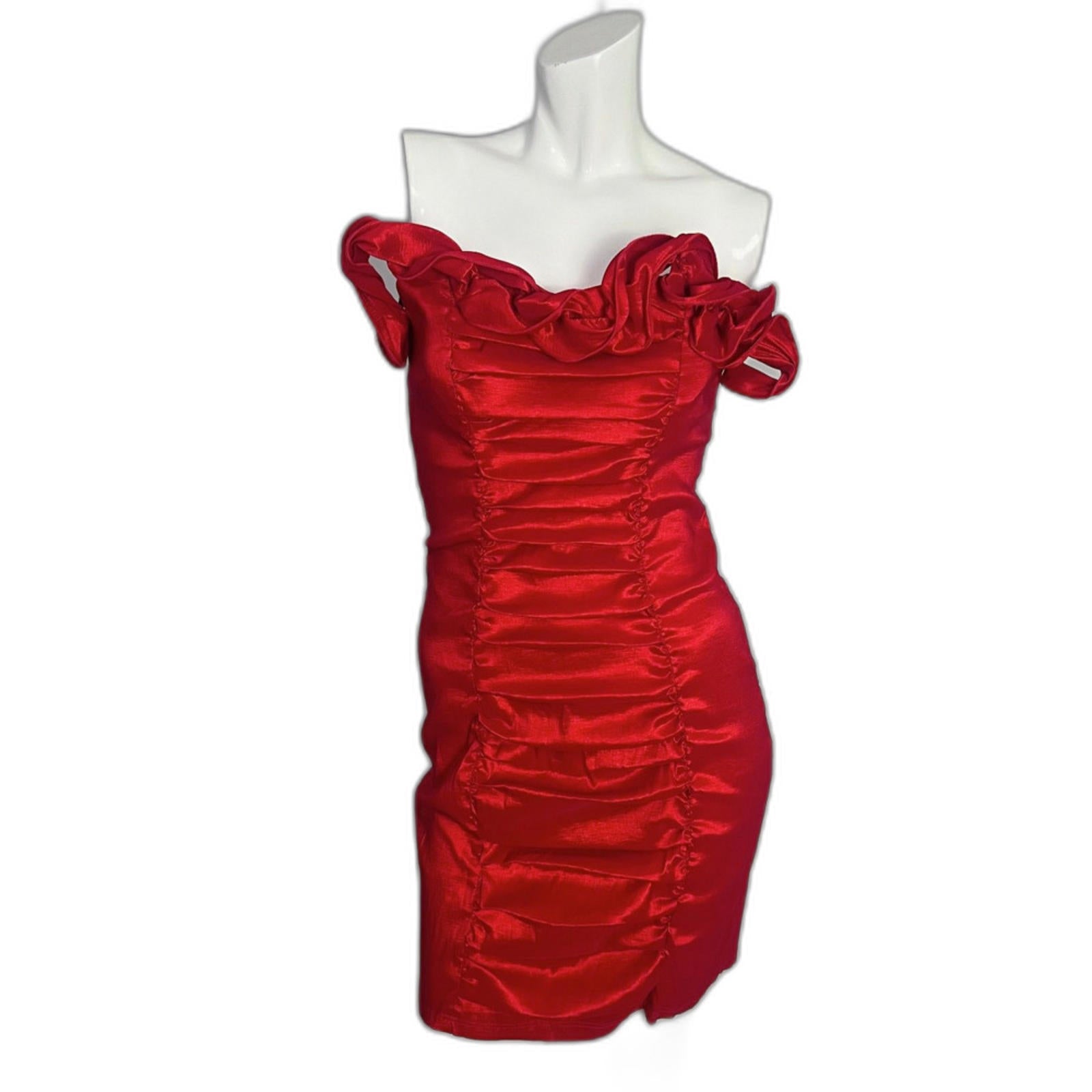 1980s Vintage La Scala Red Strapless Ruched Cocktail Dress Ruffled Top Size XL