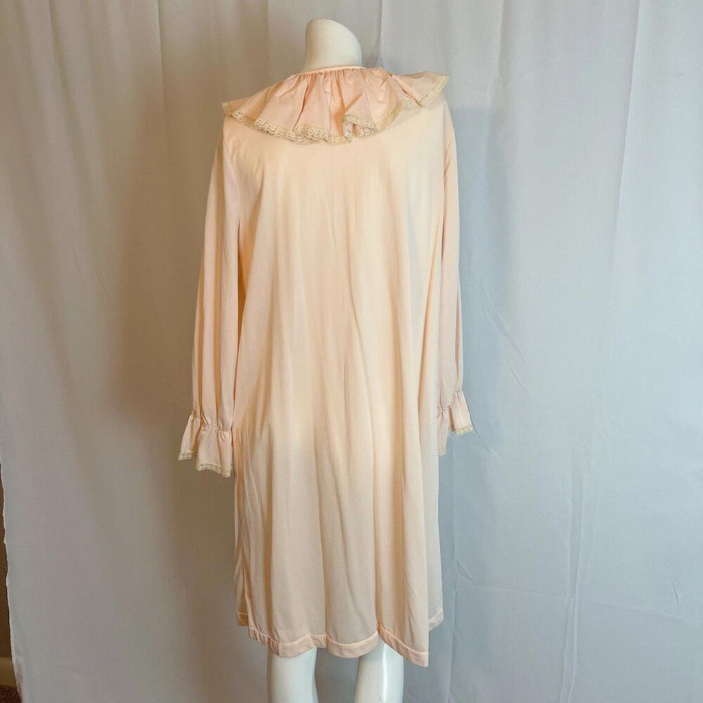 Vintage 1960s 1970s Light Pink Long Sleeve Night Gown Lace Collar Coquette L