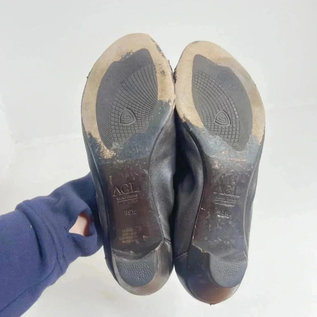 AGL Brown Leather Rounded Toe Heels Heeled Ballet Shoes Size 39.5