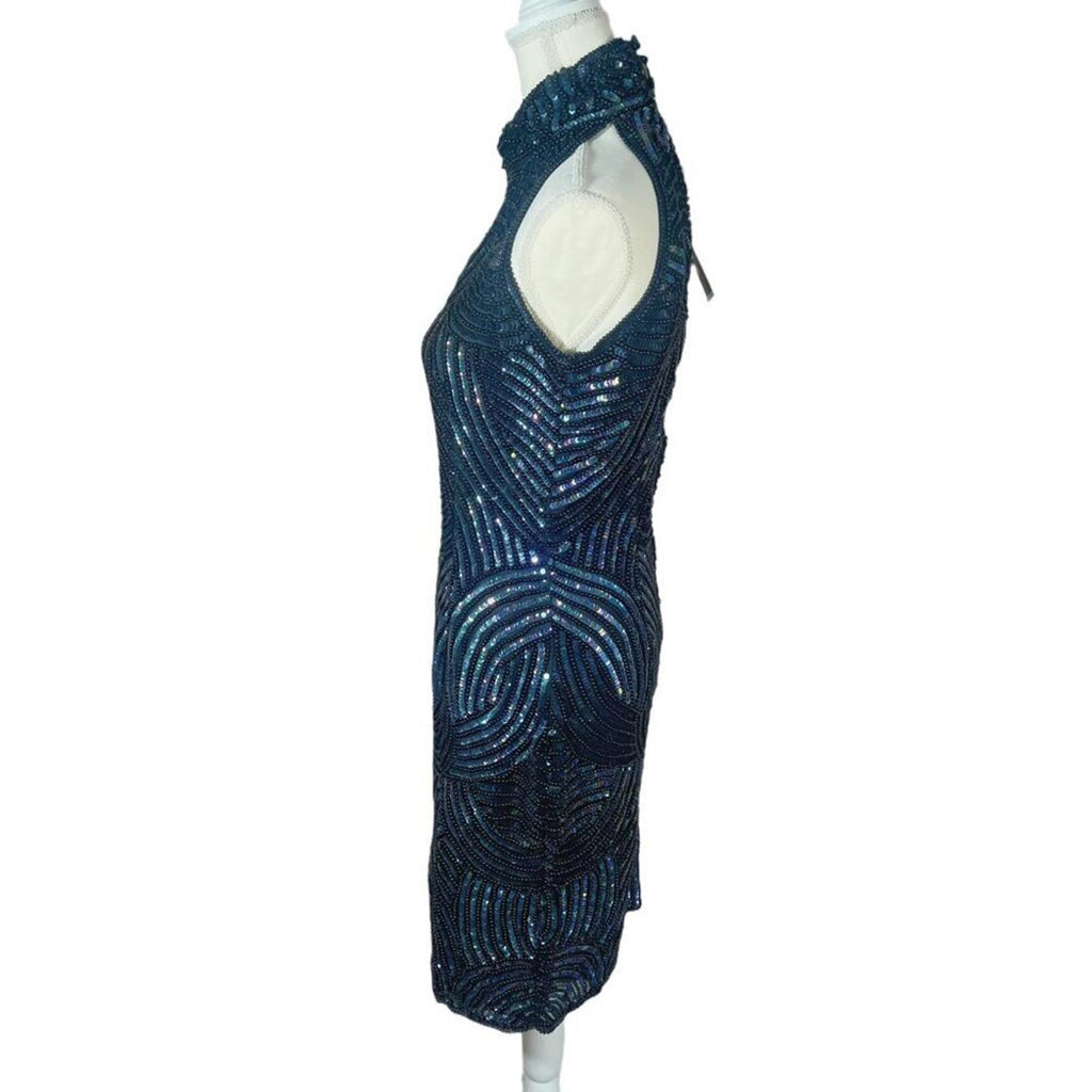 NWT Carina International Handmade Silk Blue Beaded Halter Dress Formal Size M
