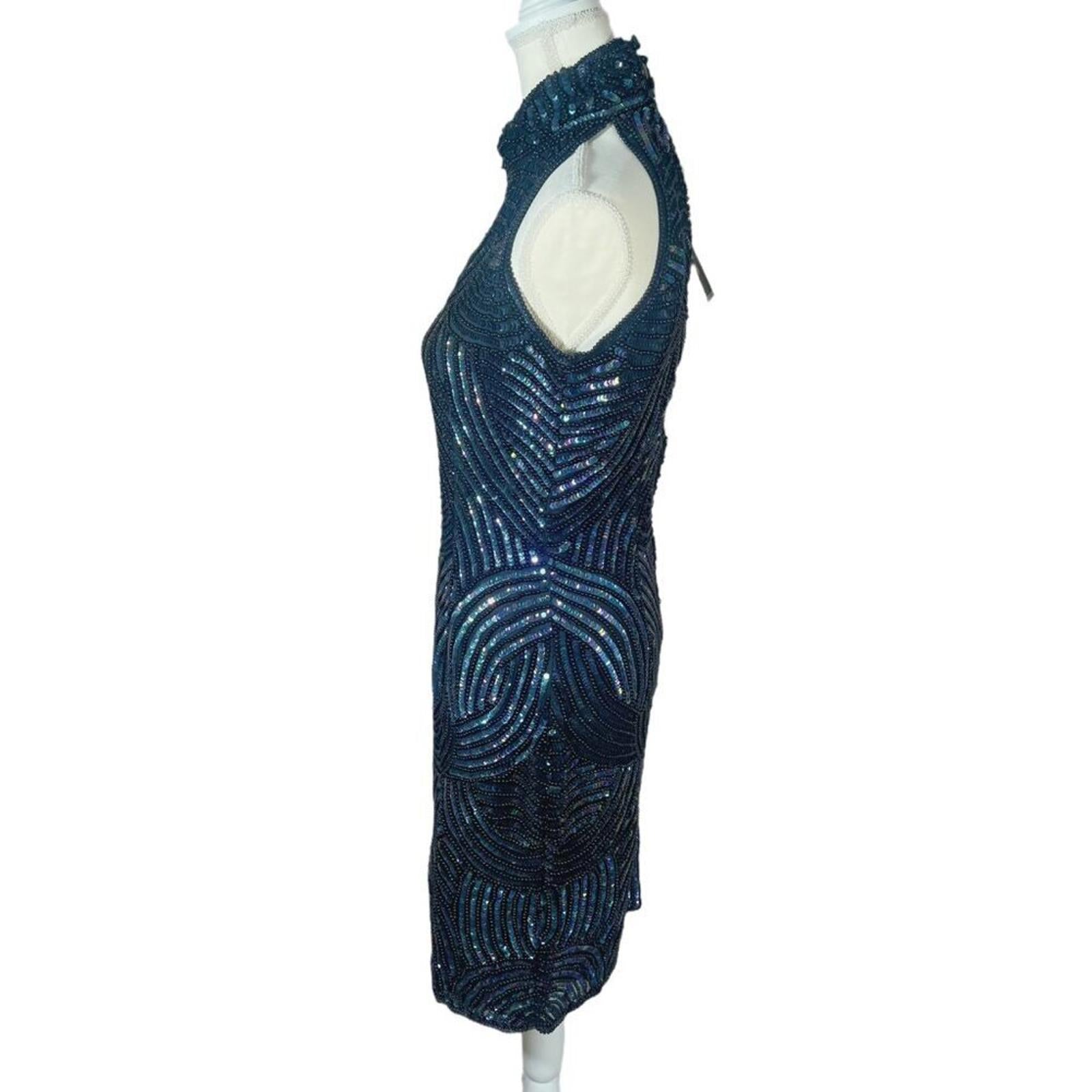 NWT Carina International Handmade Silk Blue Beaded Halter Dress Formal Size M