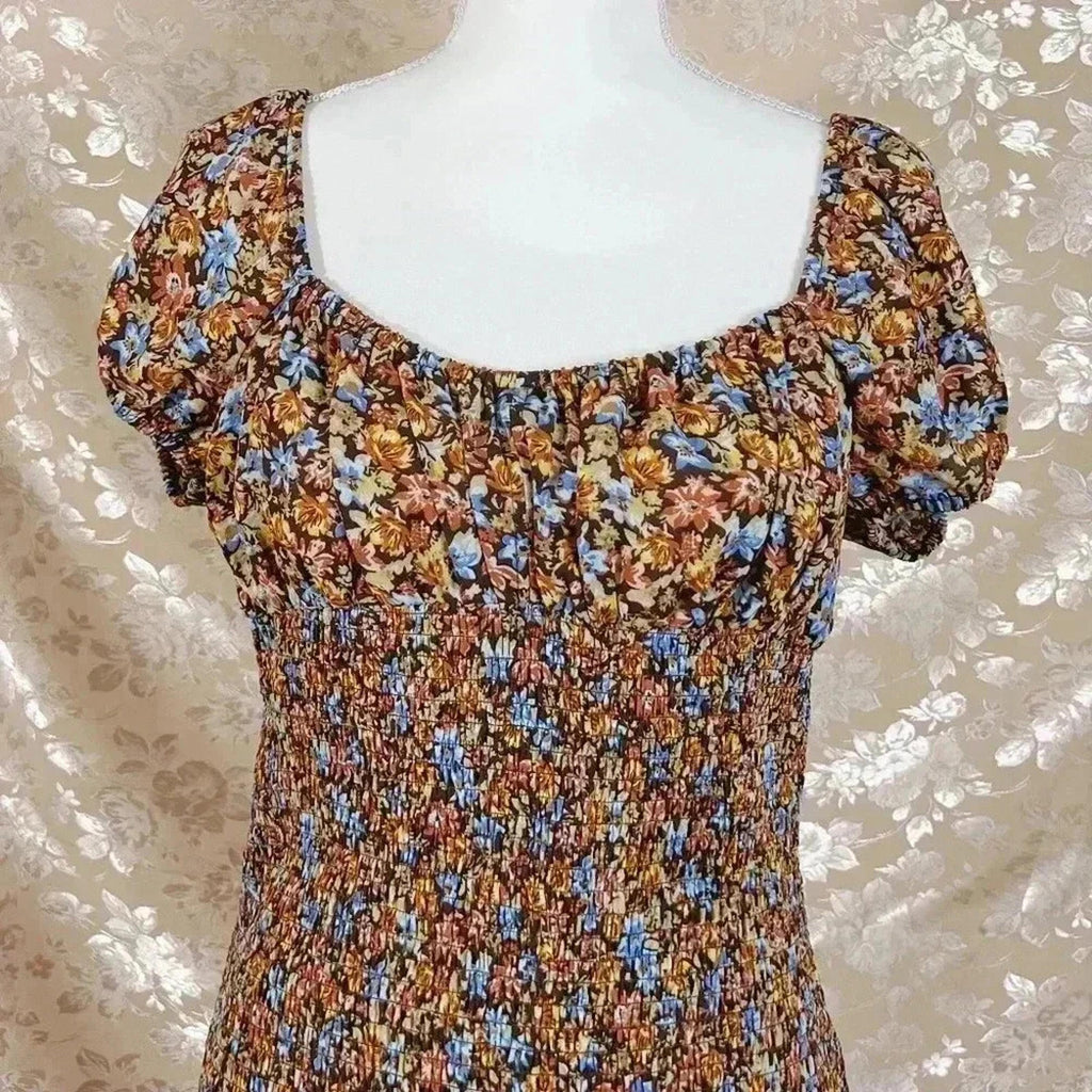 Wild Fable Brown Floral Smocked Dress Puffy Sleeves Women's Size L